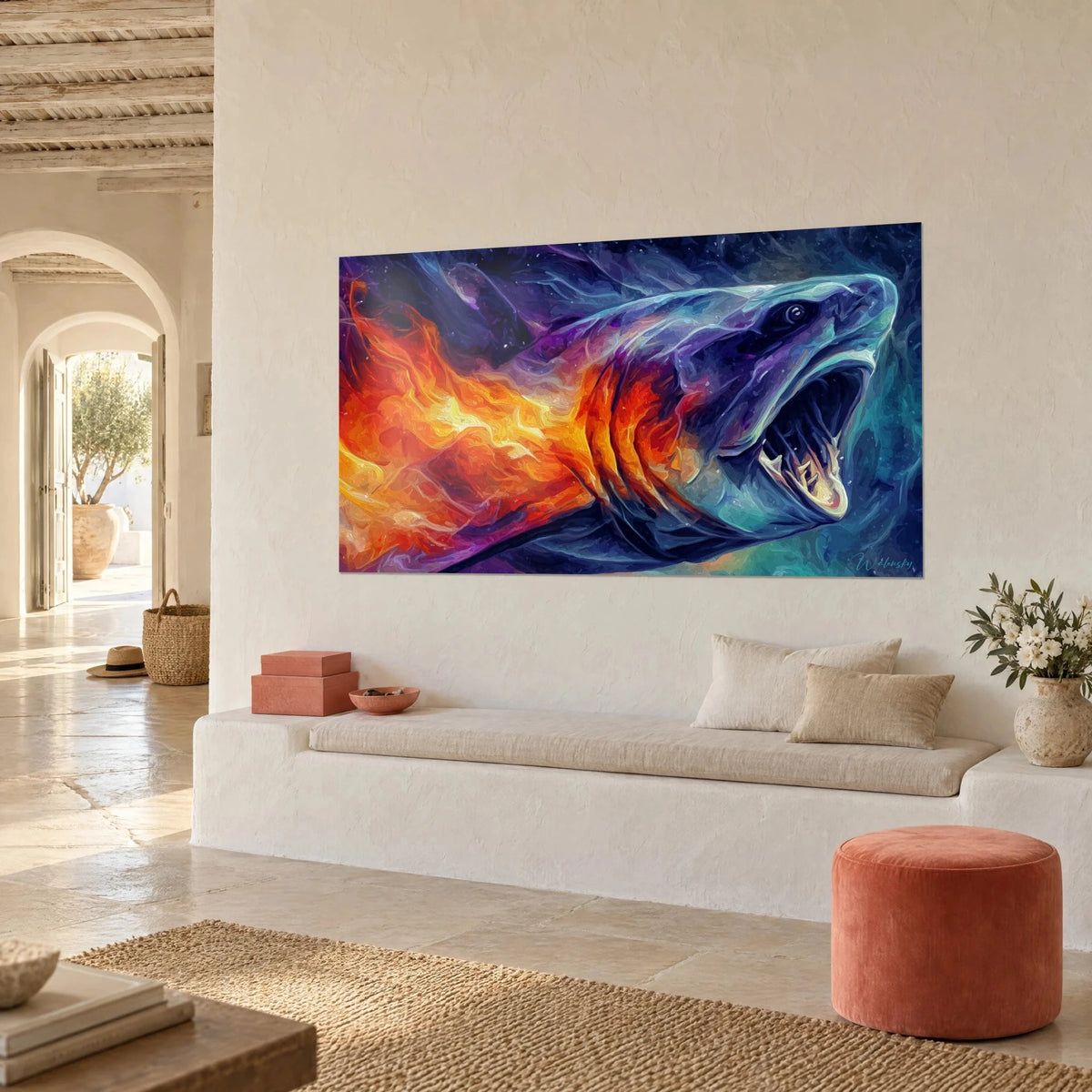 Wall art prehistoric armored fish breathing orange and yellow fire on a purple background, in a Mediterranean home