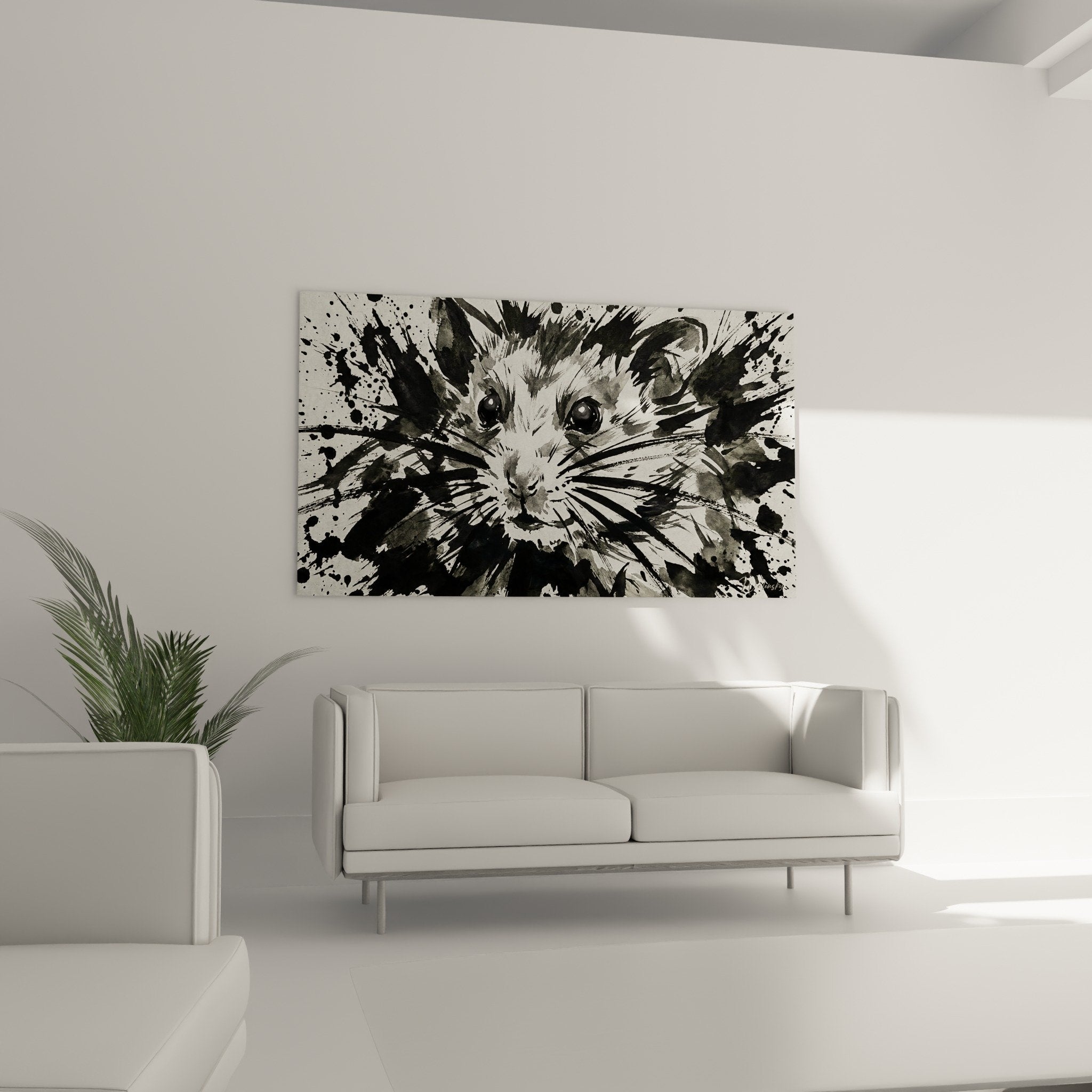 Détail hamster tableau expressionniste yeux noirs moustaches éclaboussures encre art contemporain Edition Hamster