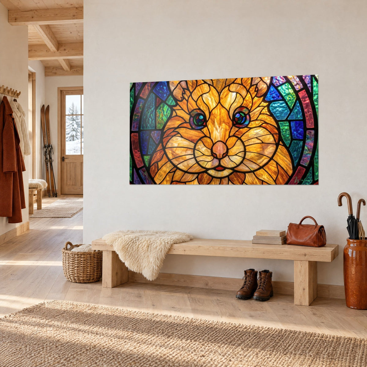 Wall art russet rodent in glass mosaic, pink muzzle and blue and violet iris, hanging on a white chalet wall