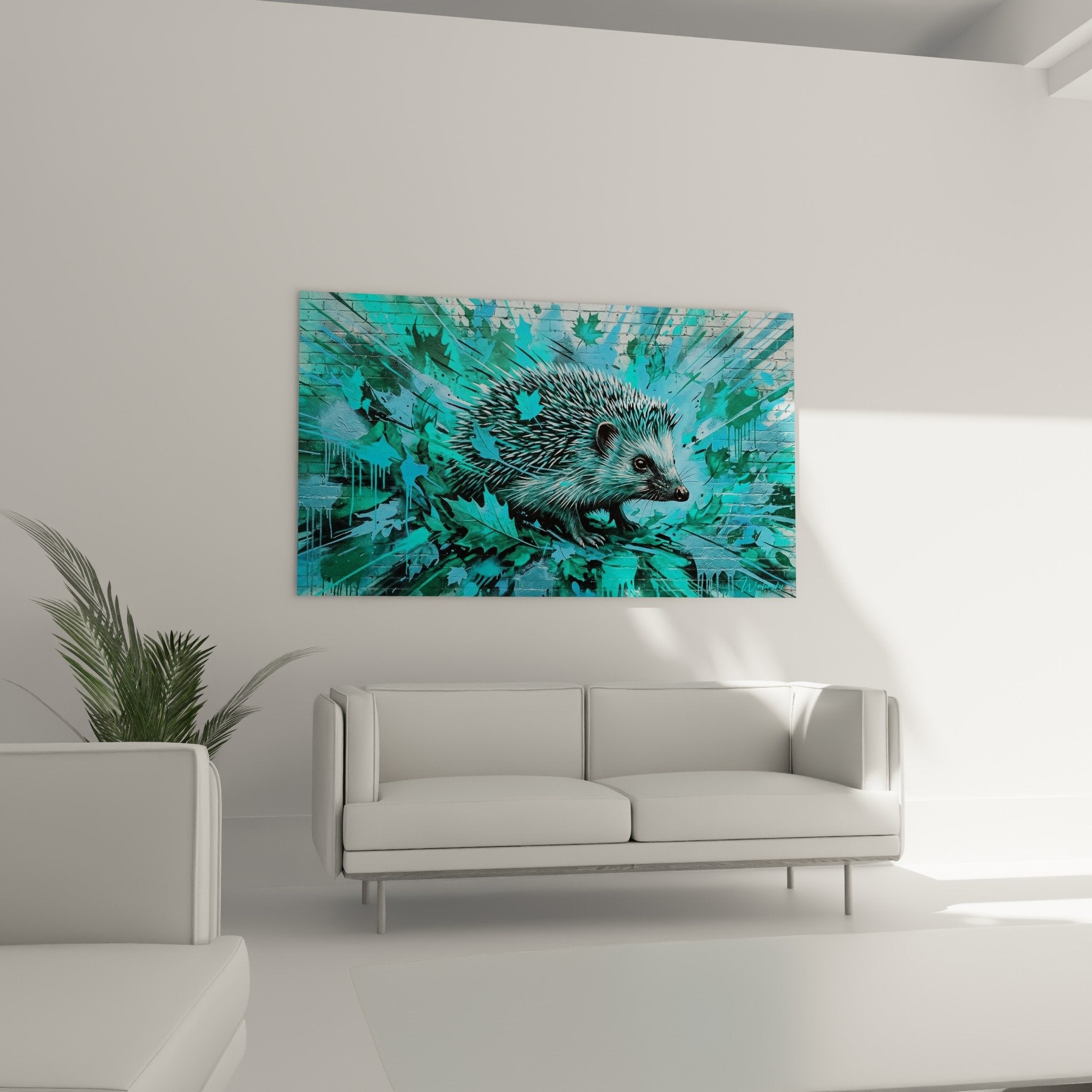 Nahaufnahme Igel glitzernde Stacheln blaue Kristalle gestische Malerei