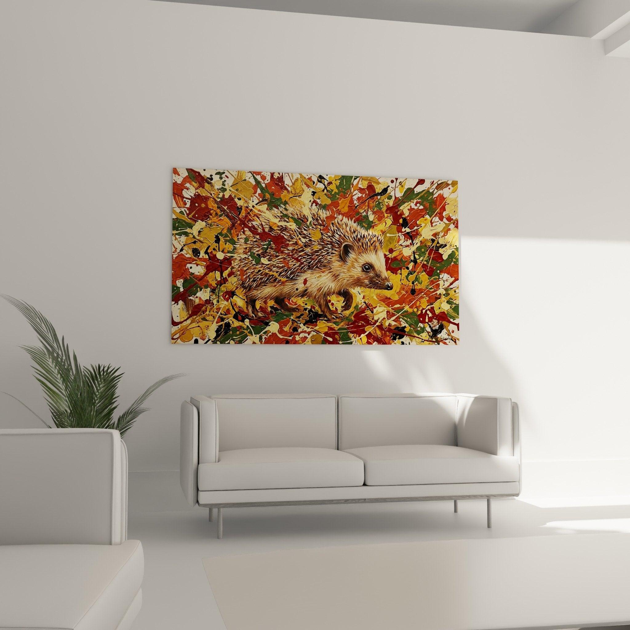 Detailaufnahme Igel-Kunstwerk mit goldenen Stacheln, rote Ziegelfarbe mit Dripping-Technik und Farbspritzern
