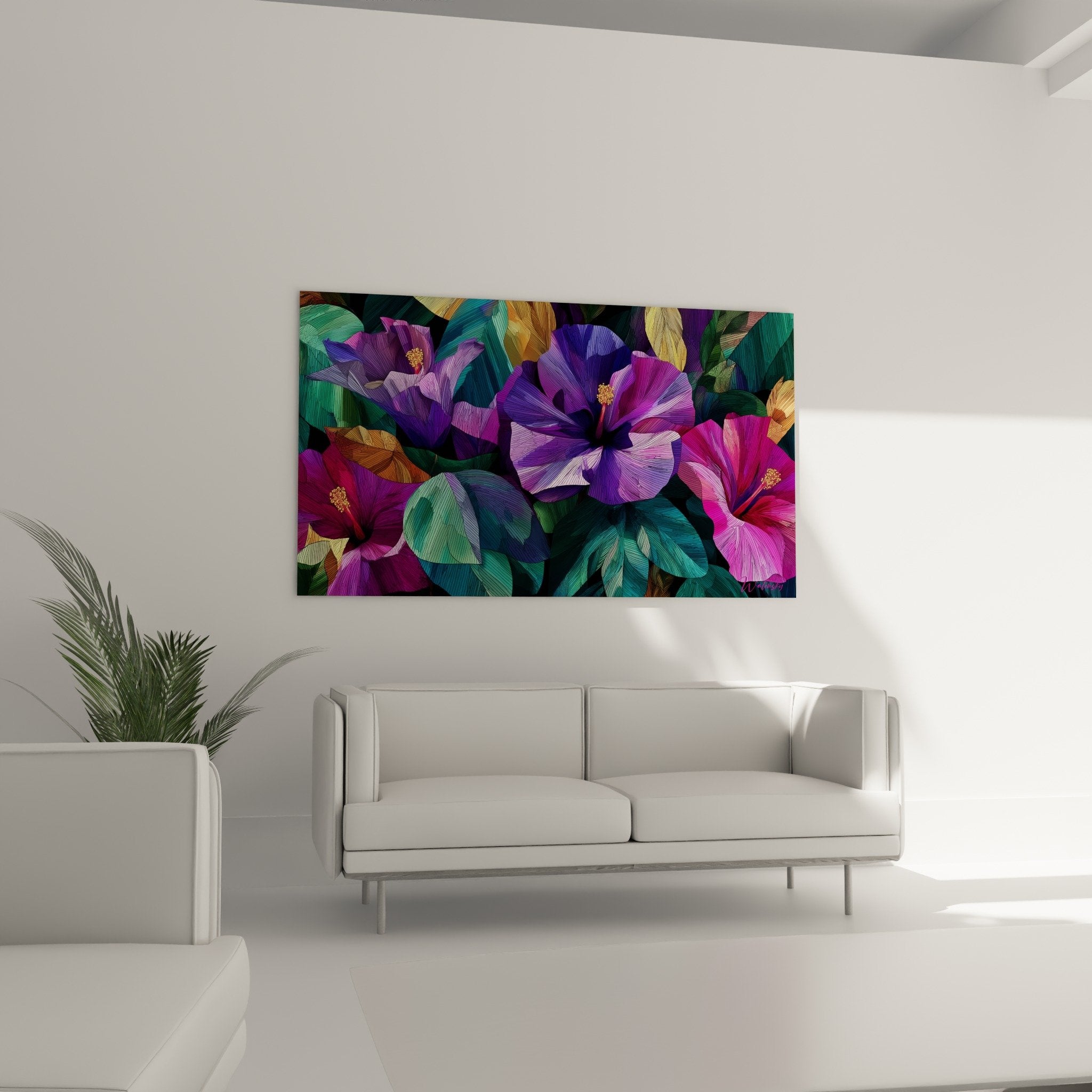 Purple hibiscus detail with golden stamen on turquoise green foliage, feng shui southeast floral art