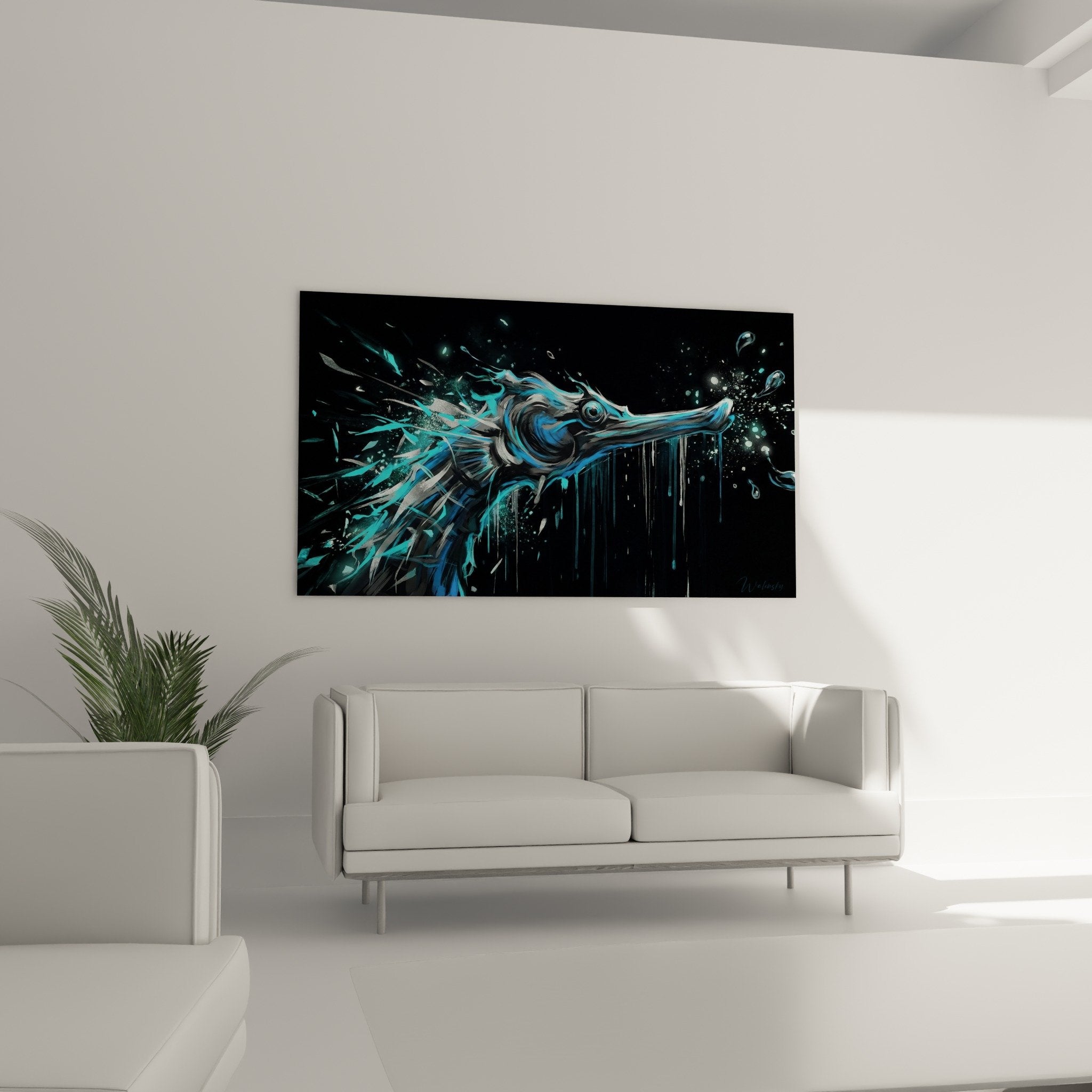 Détail tableau hippocampe éclaboussures peinture turquoise technique art urbain moderne