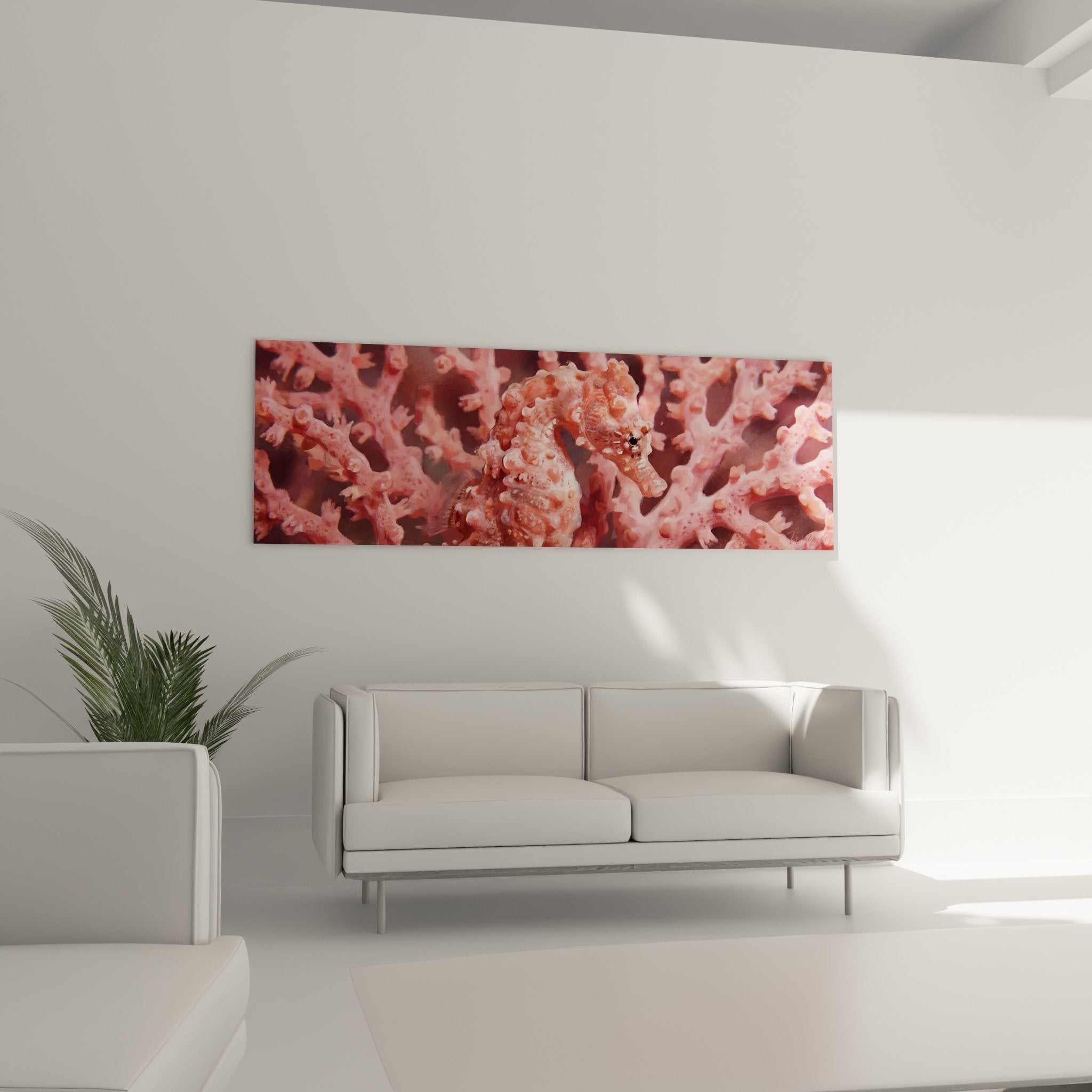 Detail hippocampe rose corail texture granuleuse recif marin nuances poudrées art decoratif