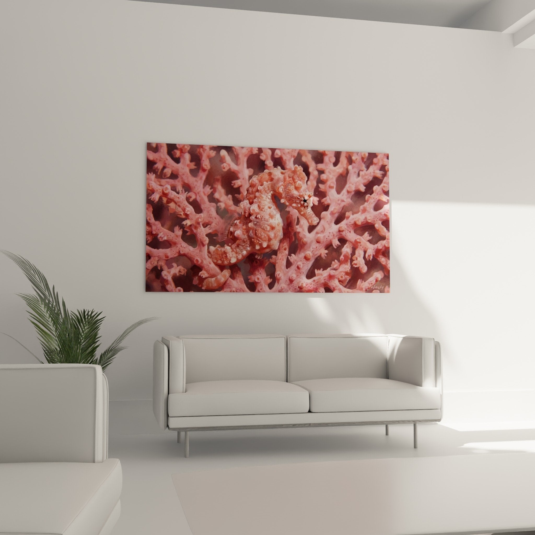 Détail rapproché hippocampe rose, texture peau granuleuse, tubercules caractéristiques, œil noir perçant