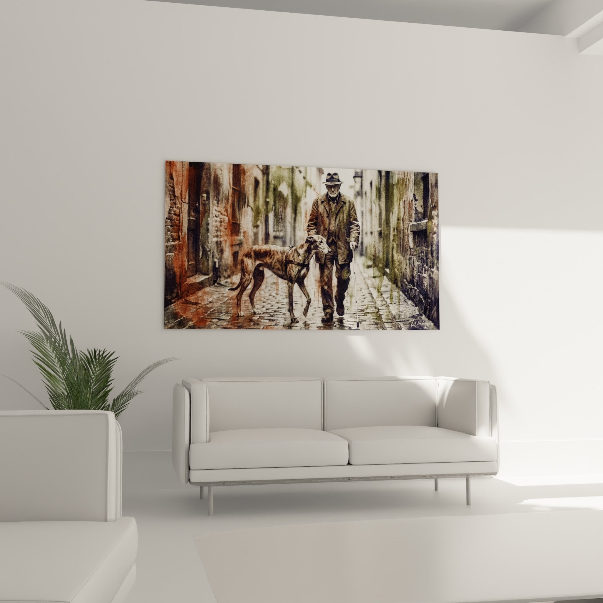 Nahaufnahme Mann mit Hut und Greyhound in gepflasterter Gasse, Aquarelltechnik, Ocker- und grüne Patina-Töne