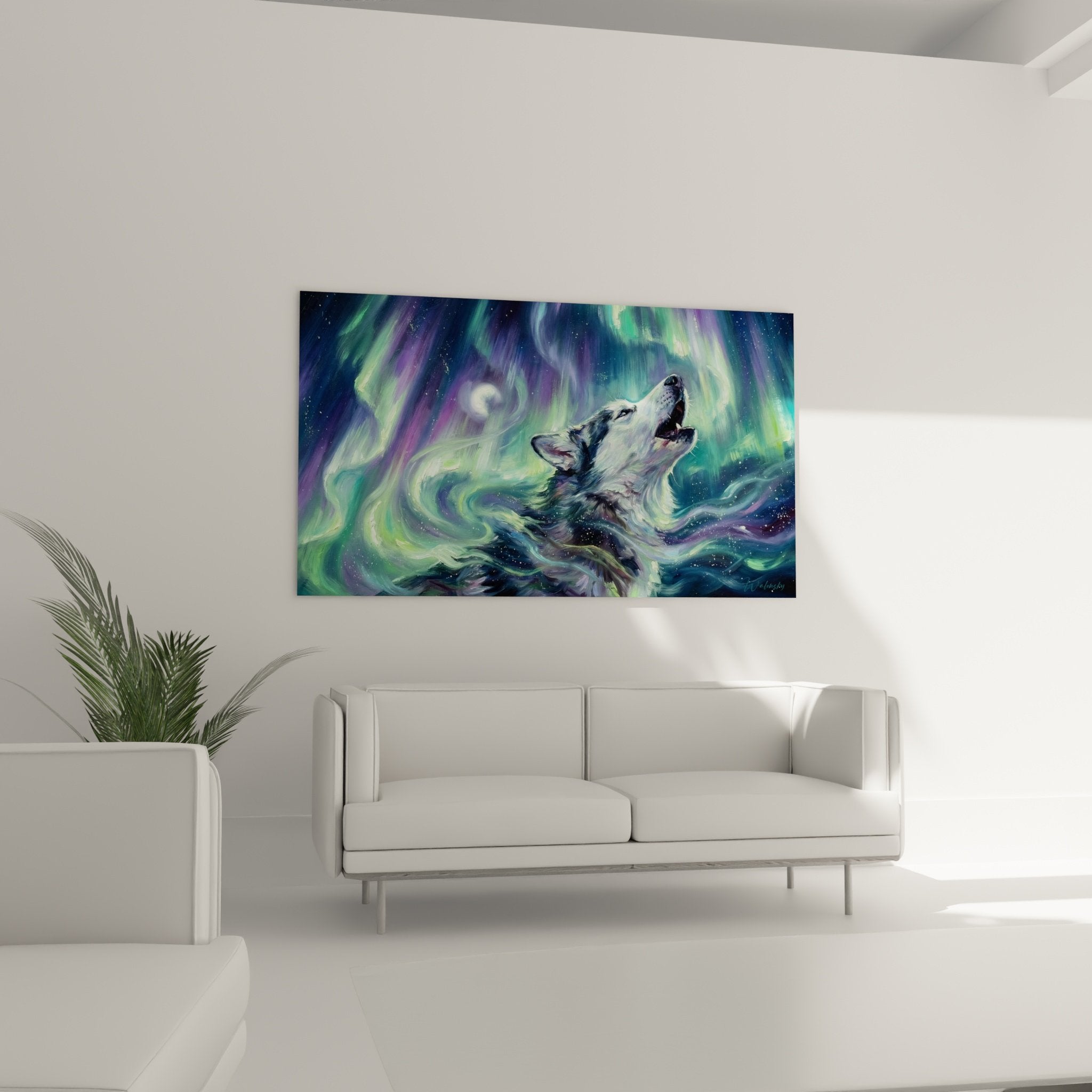 Détail tableau husky hurlement pelage gris blanc aurores boréales lumineuses texture fluide peinture artistique