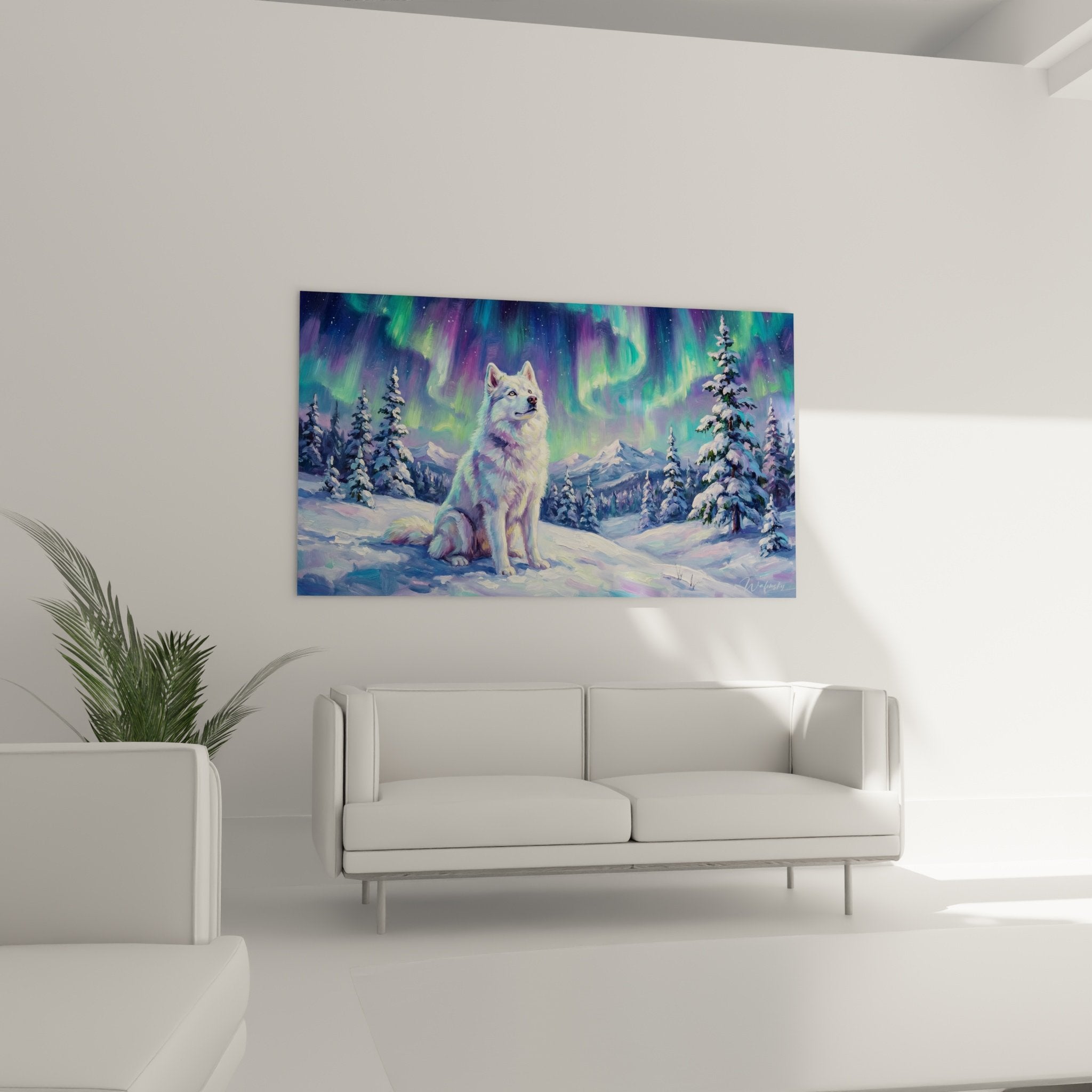 Détail peinture Husky aux yeux bleus avec reflets colorés aurores boréales dans fourrure blanche