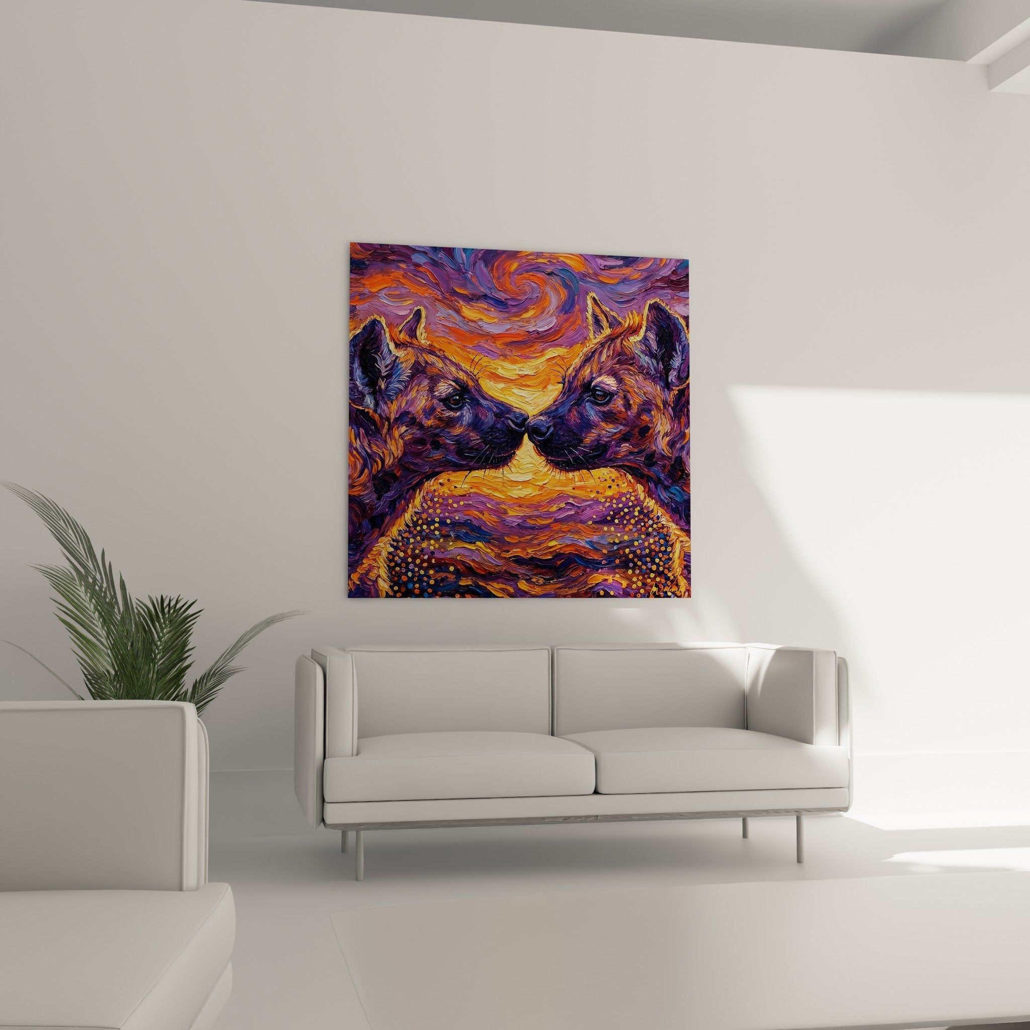 Detail Hyänen Schnauzen Zärtlichkeit goldene Punkte violett orange ausdrucksstarke Tierkunst