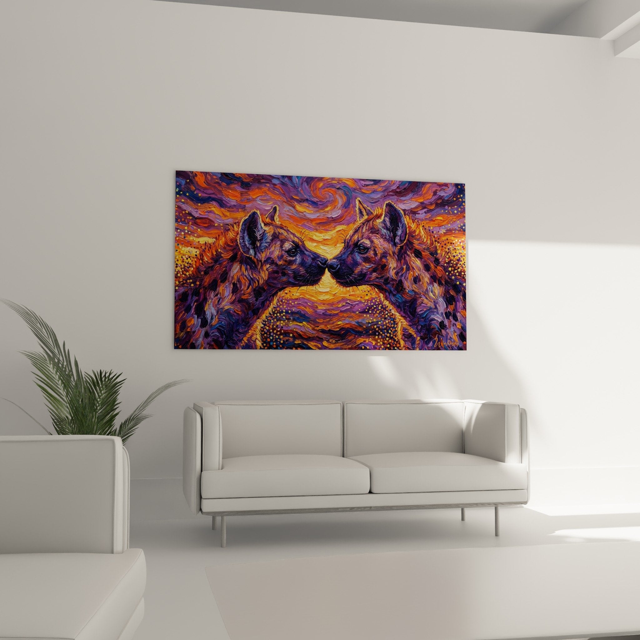 Detail Gemälde Hyänen mit Schnauzen violette orange Punkte goldene Details post-impressionistische Technik