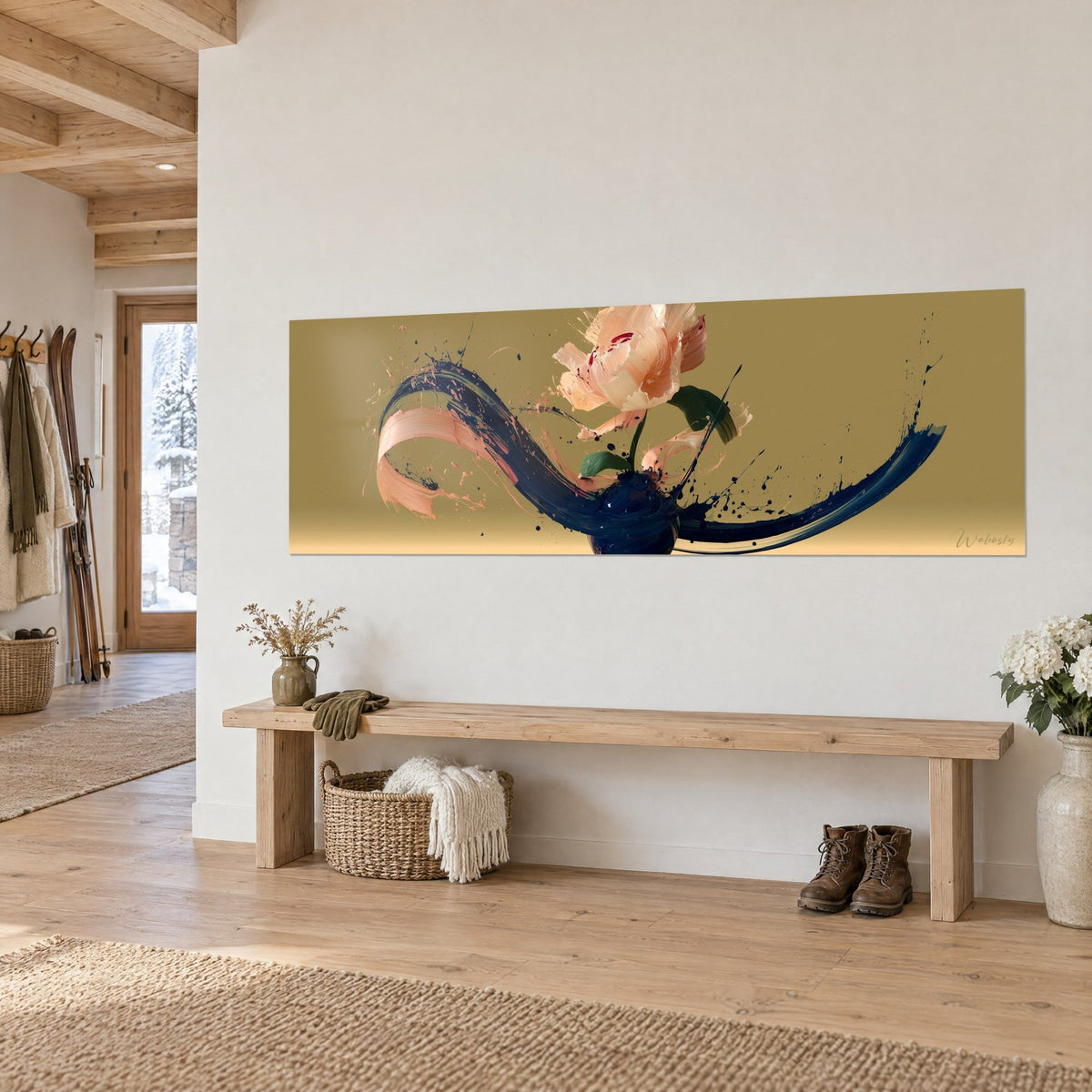 Wall art abstract bouquet of a salmon-pink flower and a navy ribbon on a mustard background, above a chalet bench