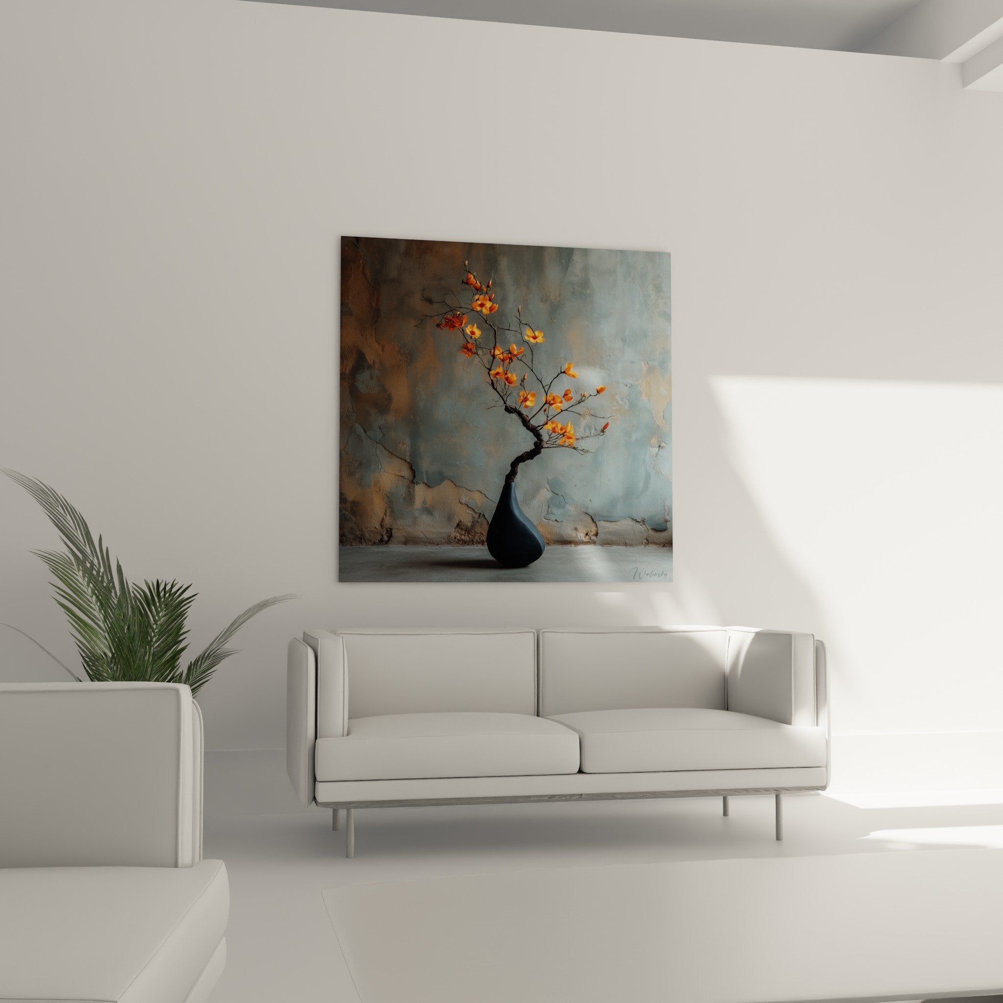 Detail tableau ikebana fleurs orange branches vase bleu marine texture peinture composition florale zen