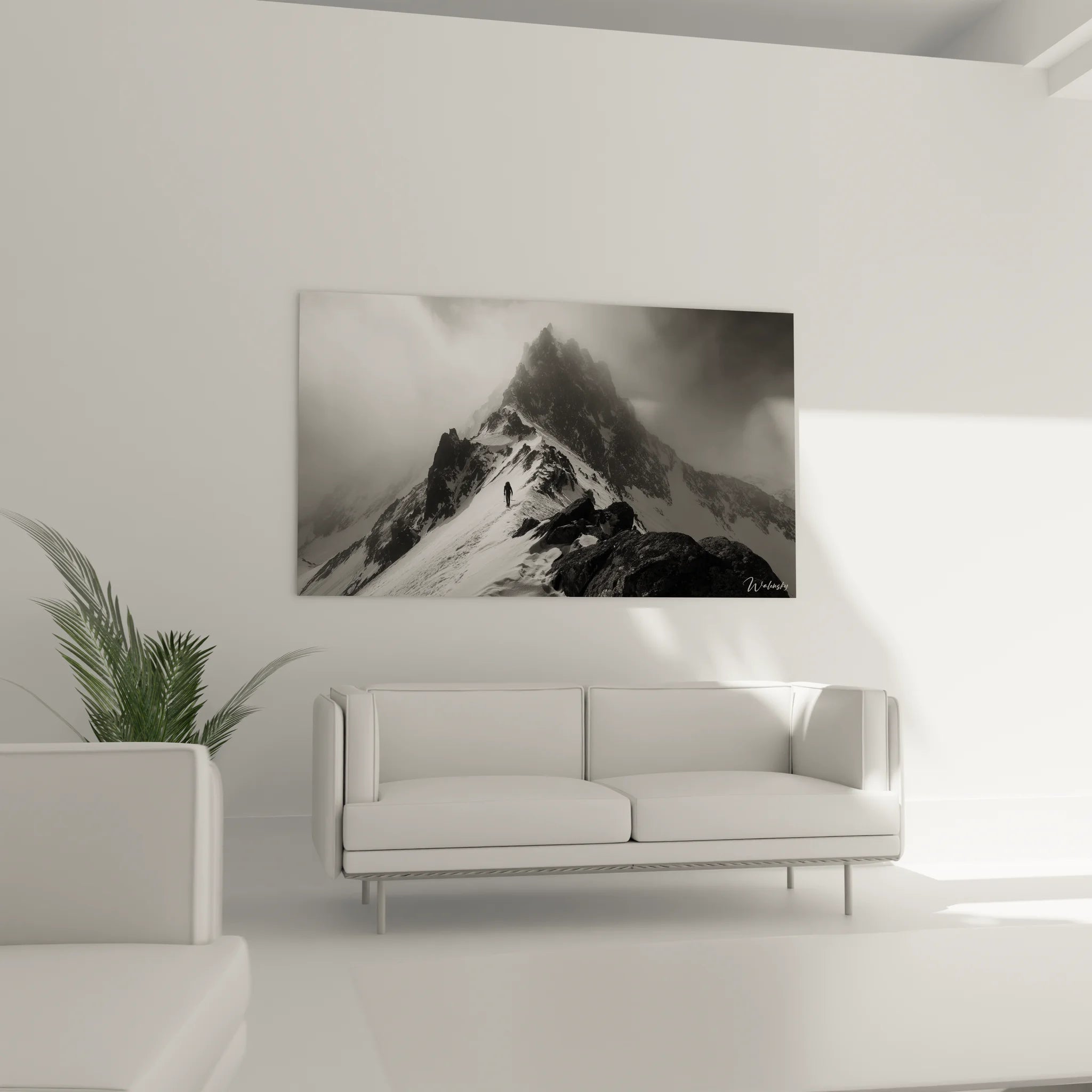 Détail qualité impression tableau montagne alpiniste noir et blanc texture premium