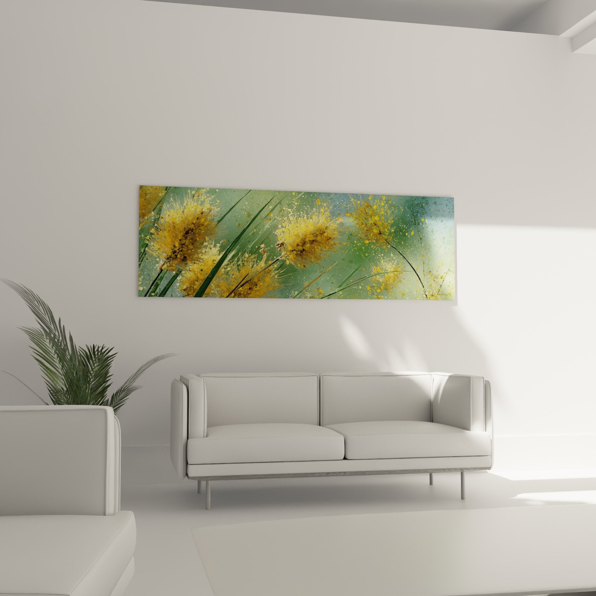 Détail rapproché inflorescences dorées et éclaboussures peinture sur fond aquarelle verte nuancée