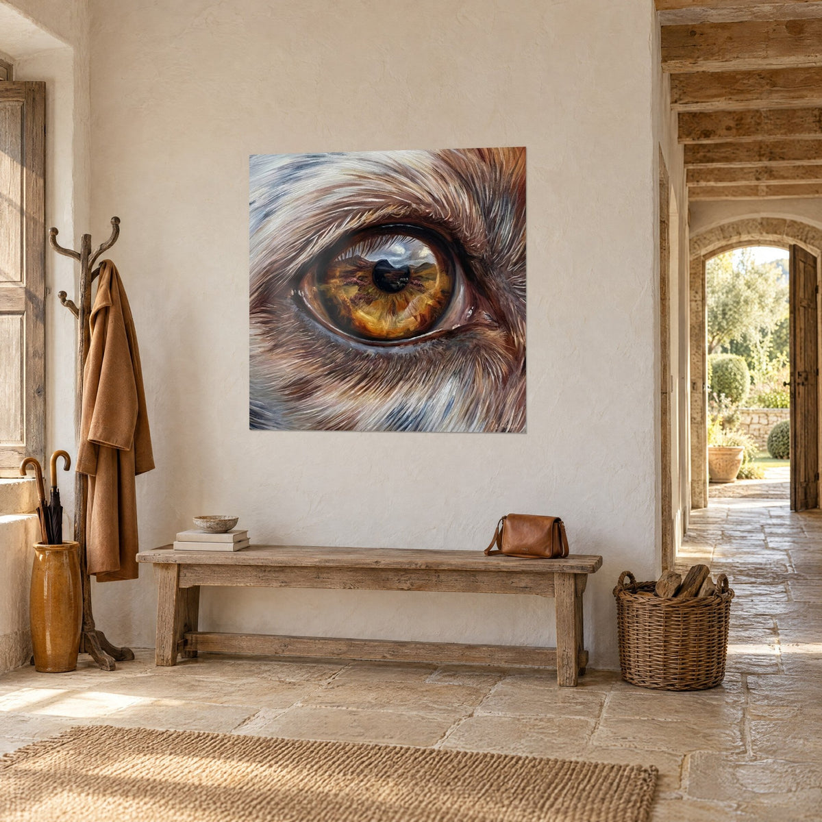 Quadro sguardo profondo di cane, iride arancio ramato contornata da pelo marrone e crema, pennellata spessa, in una casa di campagna in pietra
