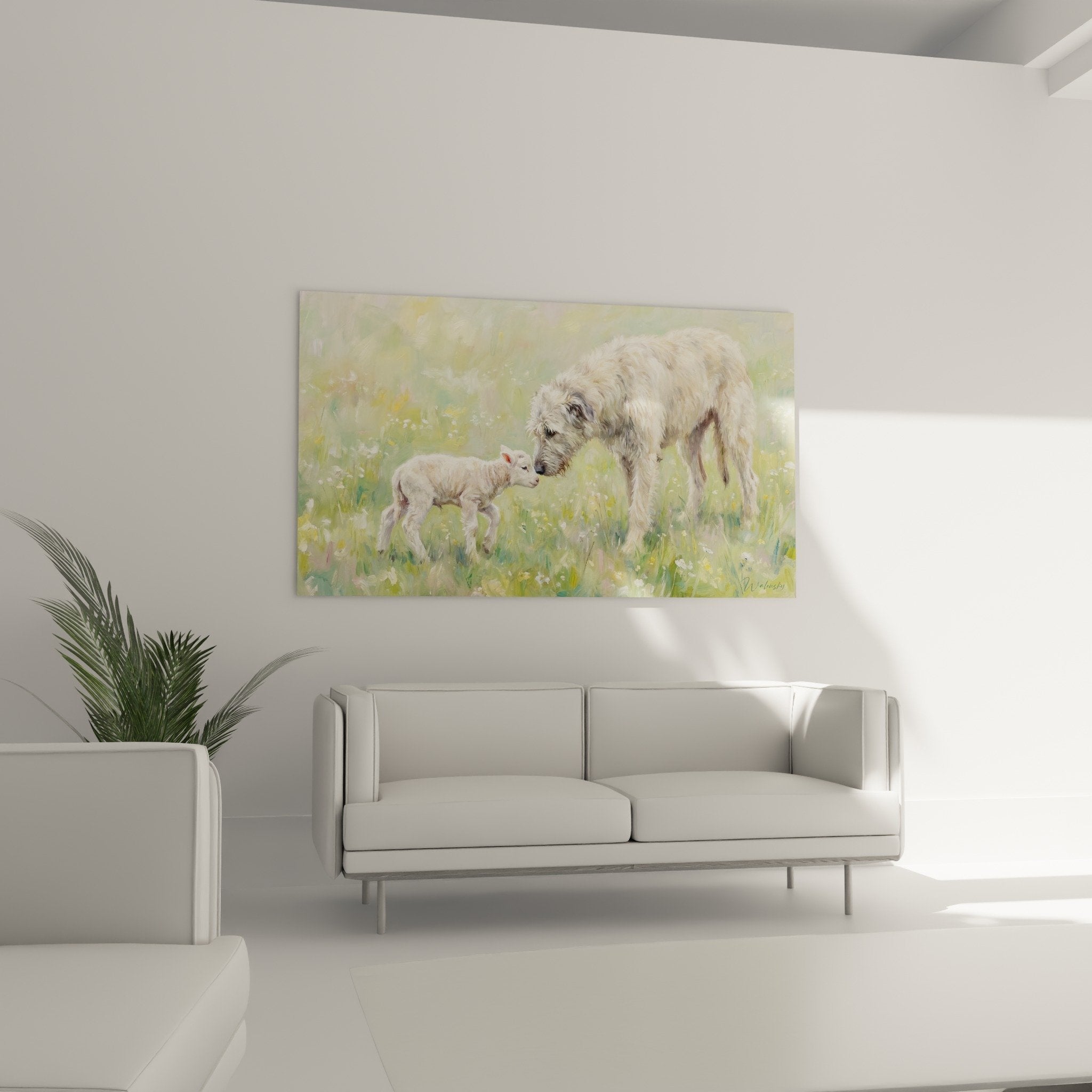 Detailansicht Gemälde Irish Wolfhound beige beugt sich über weißes Lamm Wildkräuter