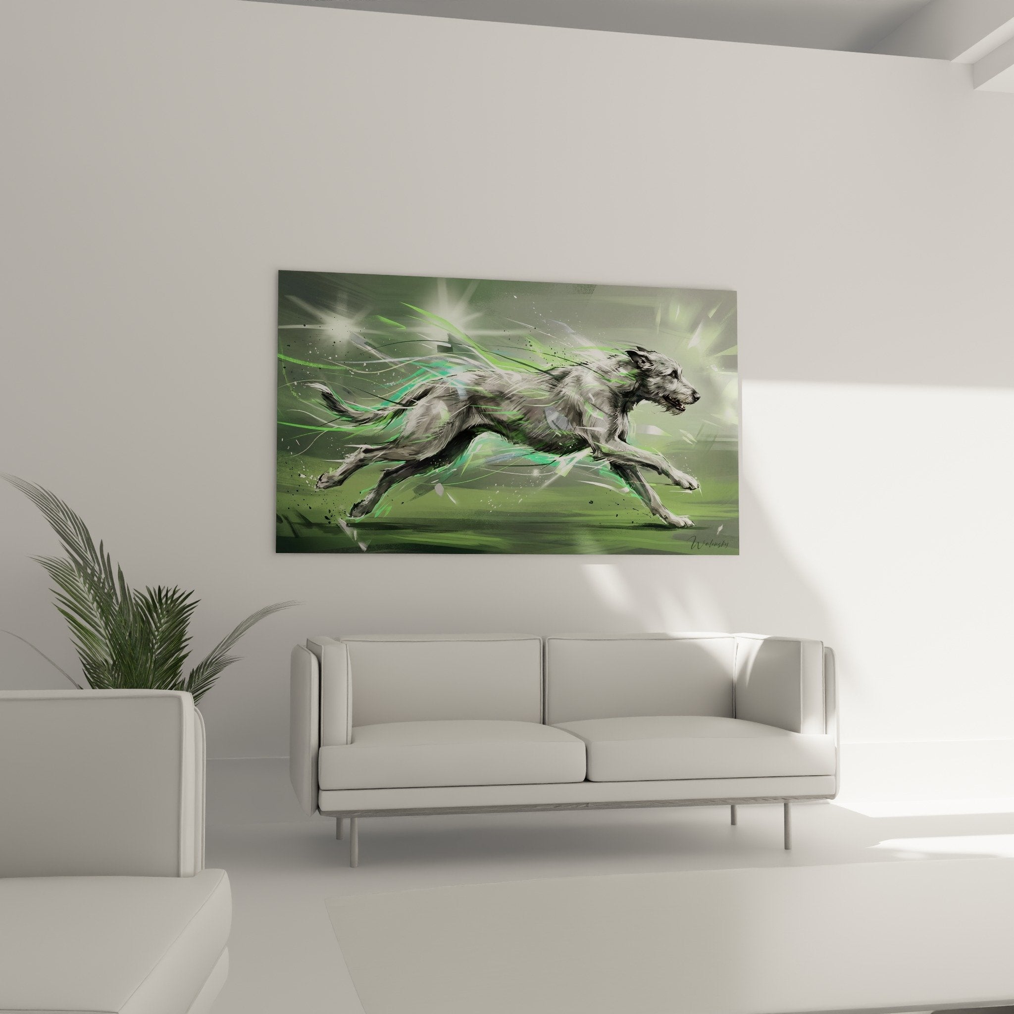 Détail rapproché tableau chien Irish Wolfhound course éclats verts textures pelage réaliste