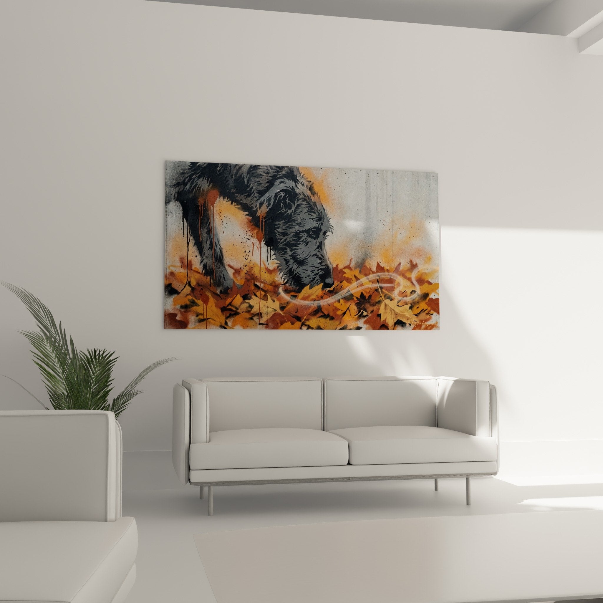 detail irish wolfhound pelage gris feuillage orange art urbain contemporain