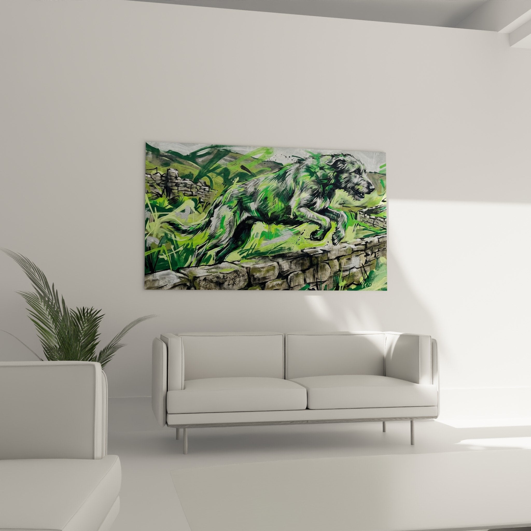 Detail tableau Irish Wolfhound peinture gestuelle verte texture artistique coup pinceau