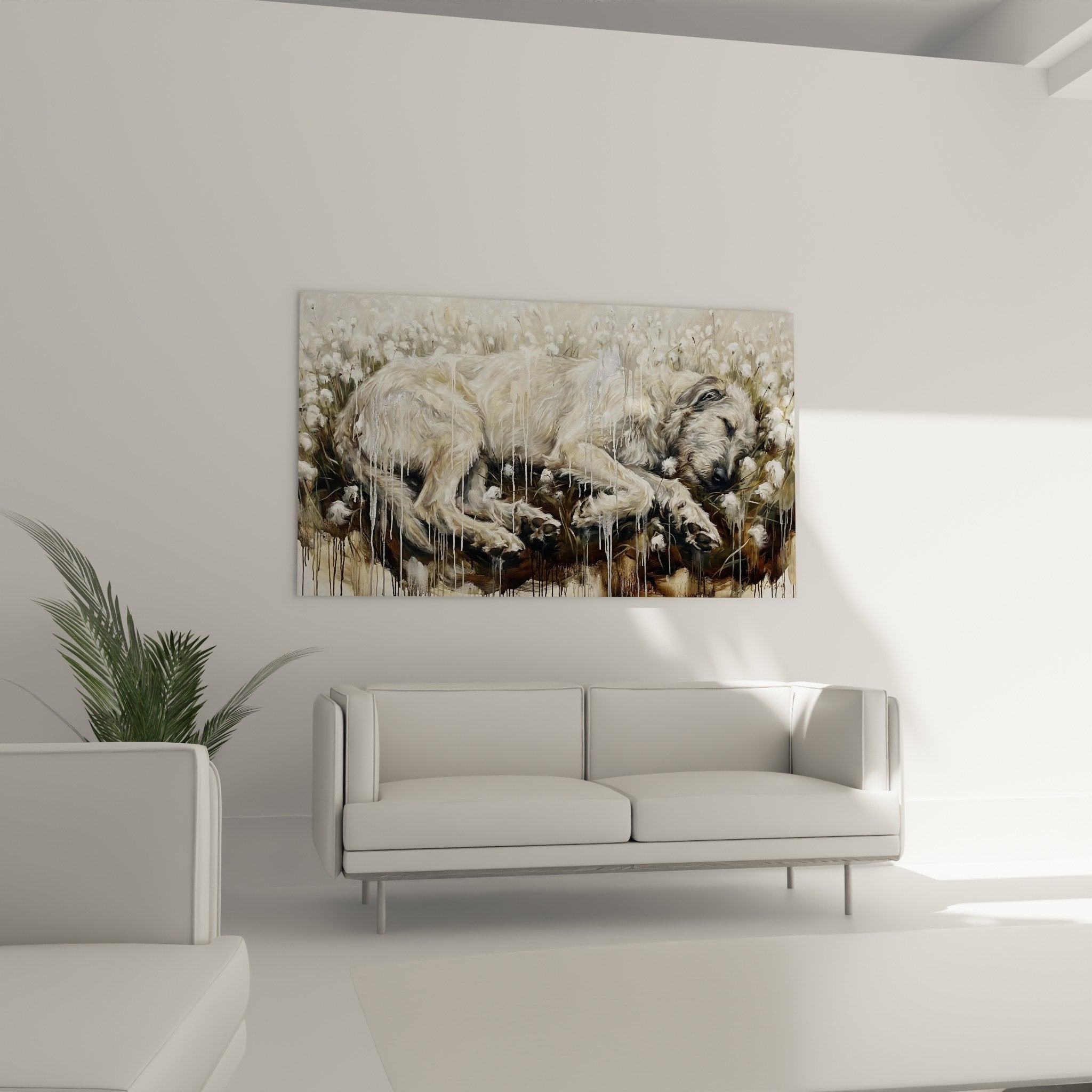 detail tableau irish wolfhound pelage dore avec gouttes de givre technique picturale texturee tons chauds