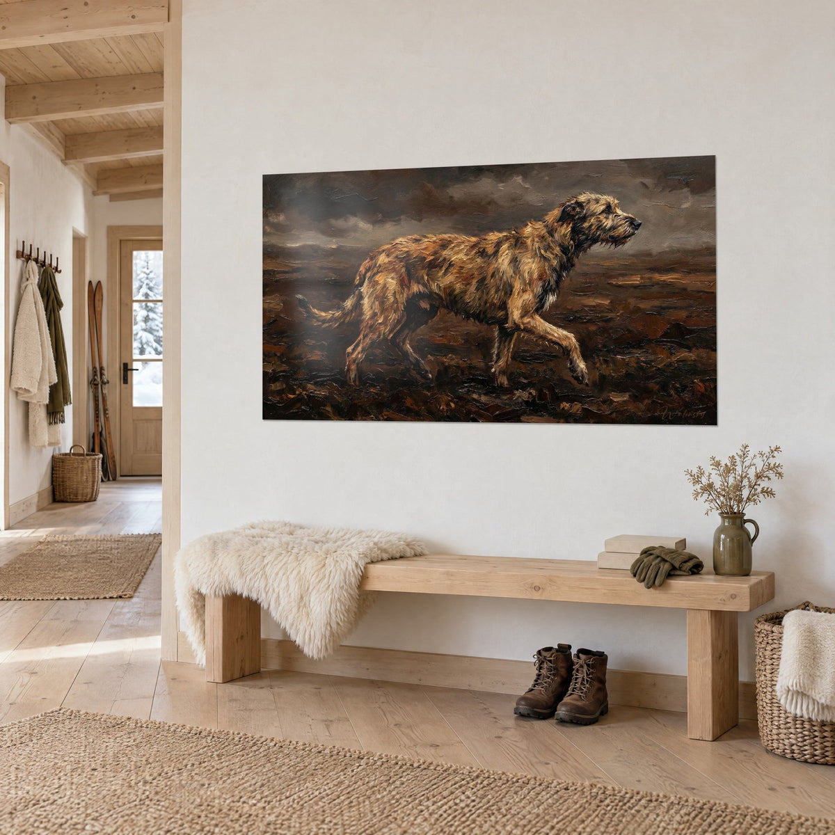 Wall art hunting dog with rough ochre and russet coat, stormy grey sky, on a white wall beside a light wood bench