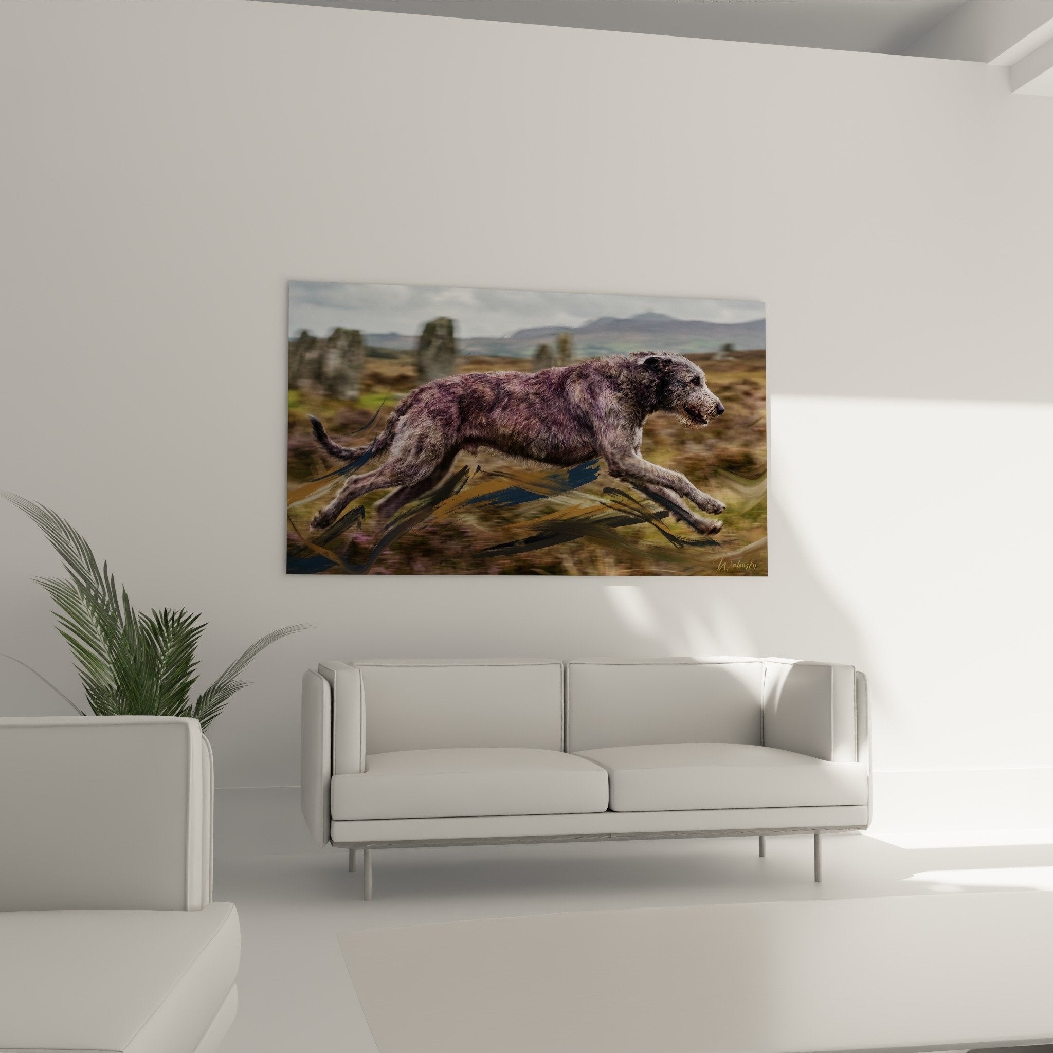 detail tableau irish wolfhound pelage pourpre texture peinture nuances violettes