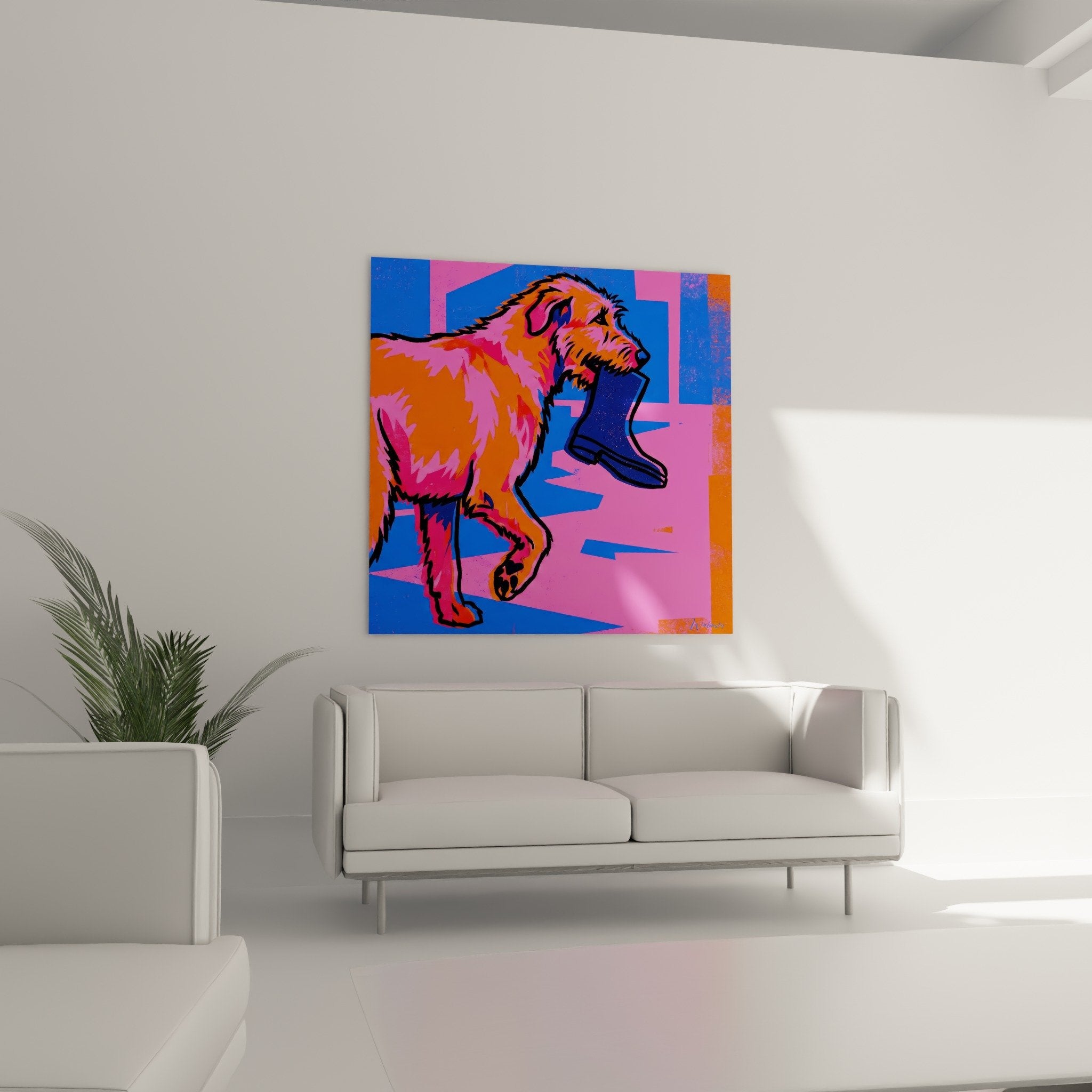 Irish Wolfhound painting detail vibrant colors pink orange blue pop art graphic technique