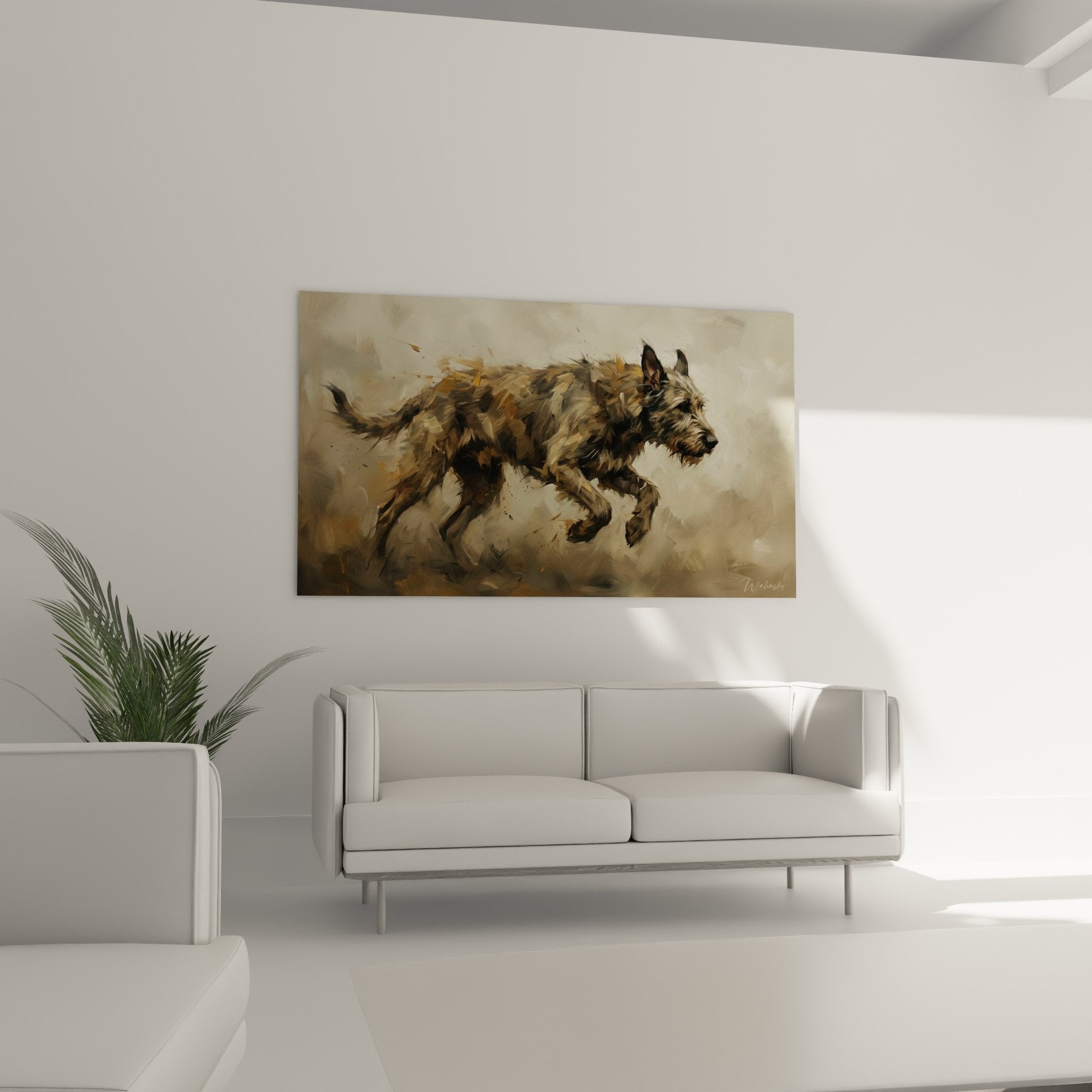 detail tableau irish wolfhound textures pinceaux expressifs nuances bronze ocre