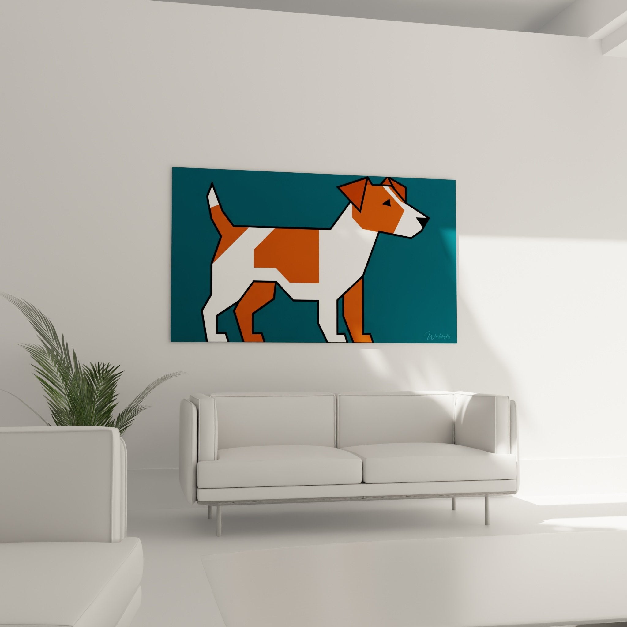 Detail tableau jack russel terrier geometrique orange blanc contours noirs style cubiste moderne graphique