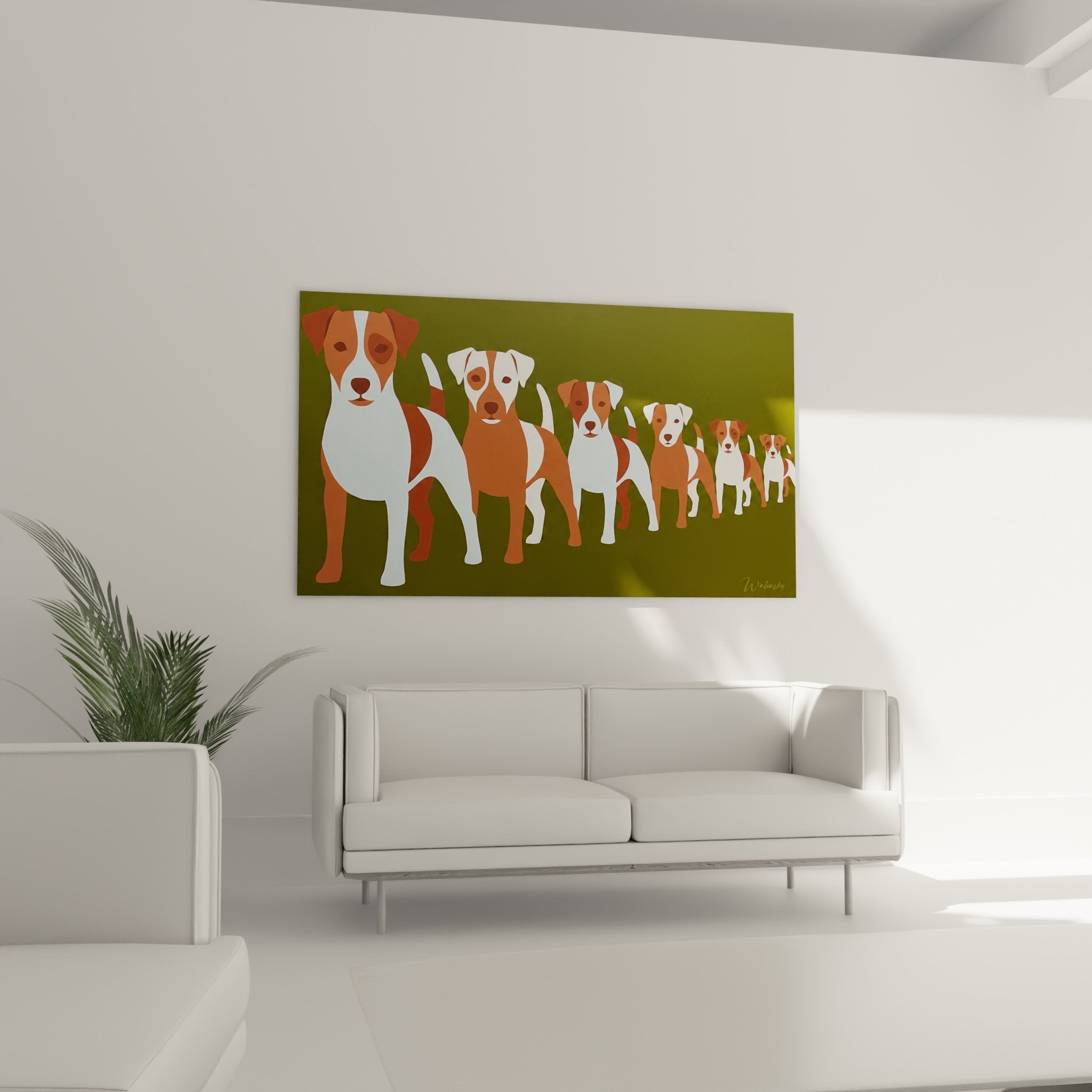 Détail rapproché tableau Jack Russel Terrier stylisé, formes géométriques épurées tons rouille et blanc
