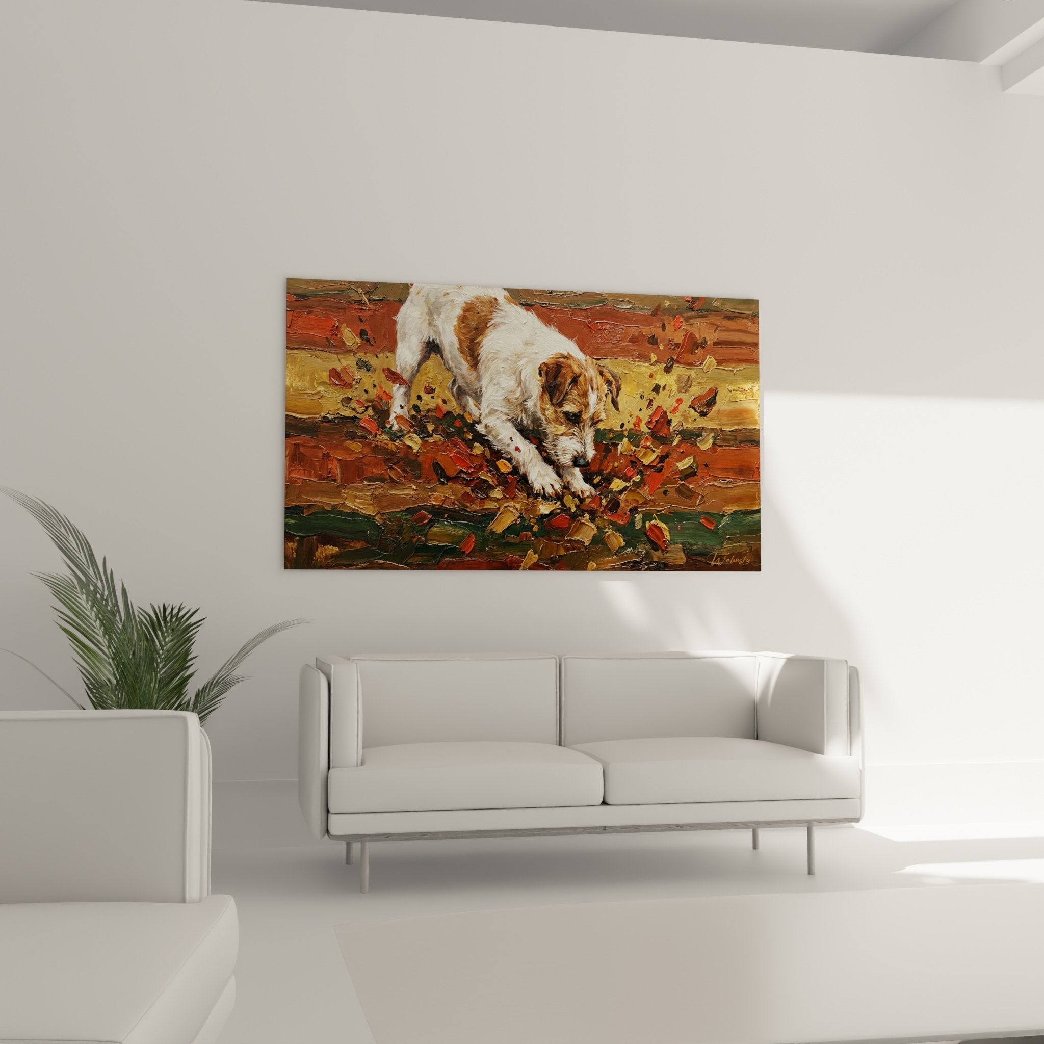 Jack Russell Terrier white and fawn coat painting detail with impasto texture and autumn leaves