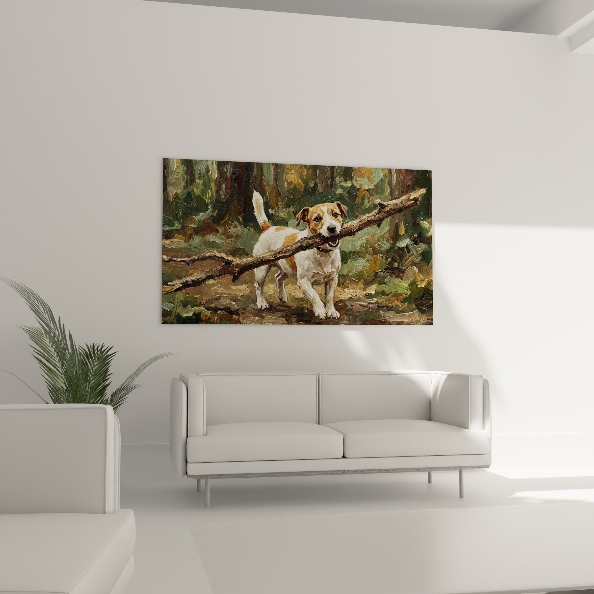 Détail de la peinture montrant le regard confiant du Jack Russel Terrier et la texture de ses poils blancs et roux