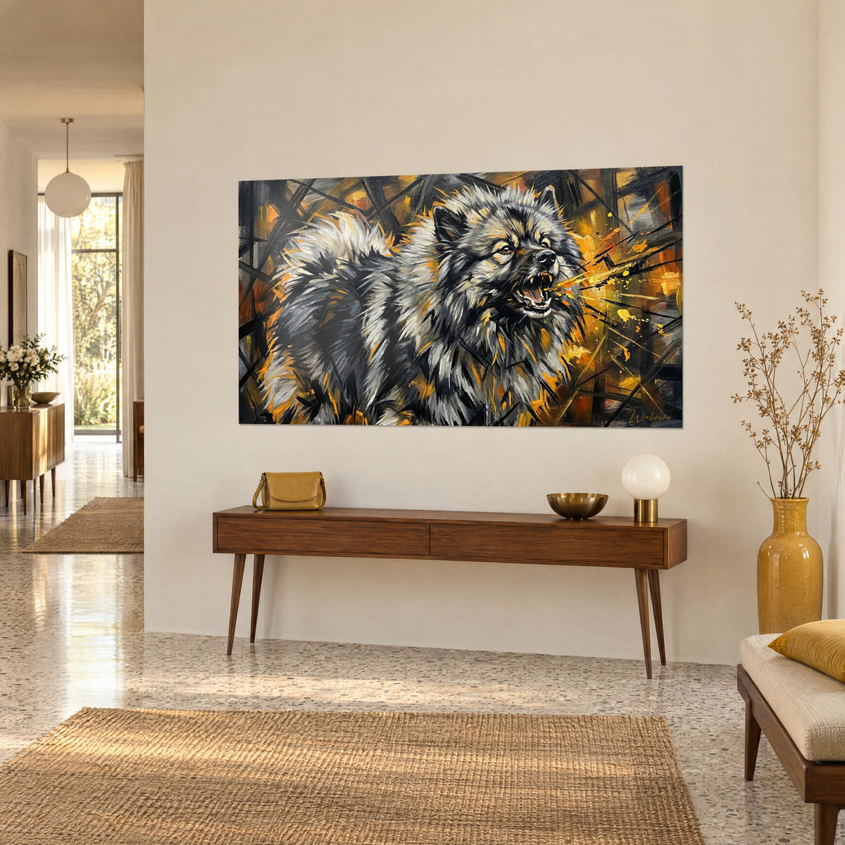 Πίνακας Keeshond με γυμνούς κυνόδοντες, γκρι και λευκό τρίχωμα, μαύρα περιγράμματα και ώχρα αχτίδες, σε μπεζ τοίχο δίπλα σε ξύλινο μπουφέ