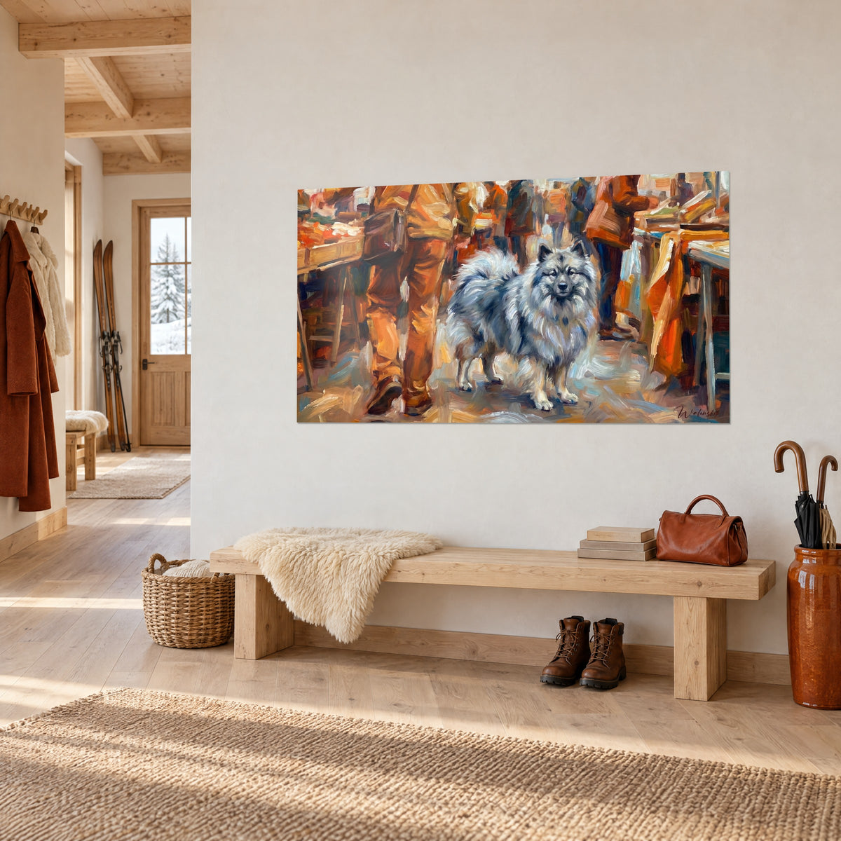 Schilderij Noordse hond met rookgrijze vacht tussen oranje en bruine marktkraampjes, driekwart aanzicht in de hal van een chalet