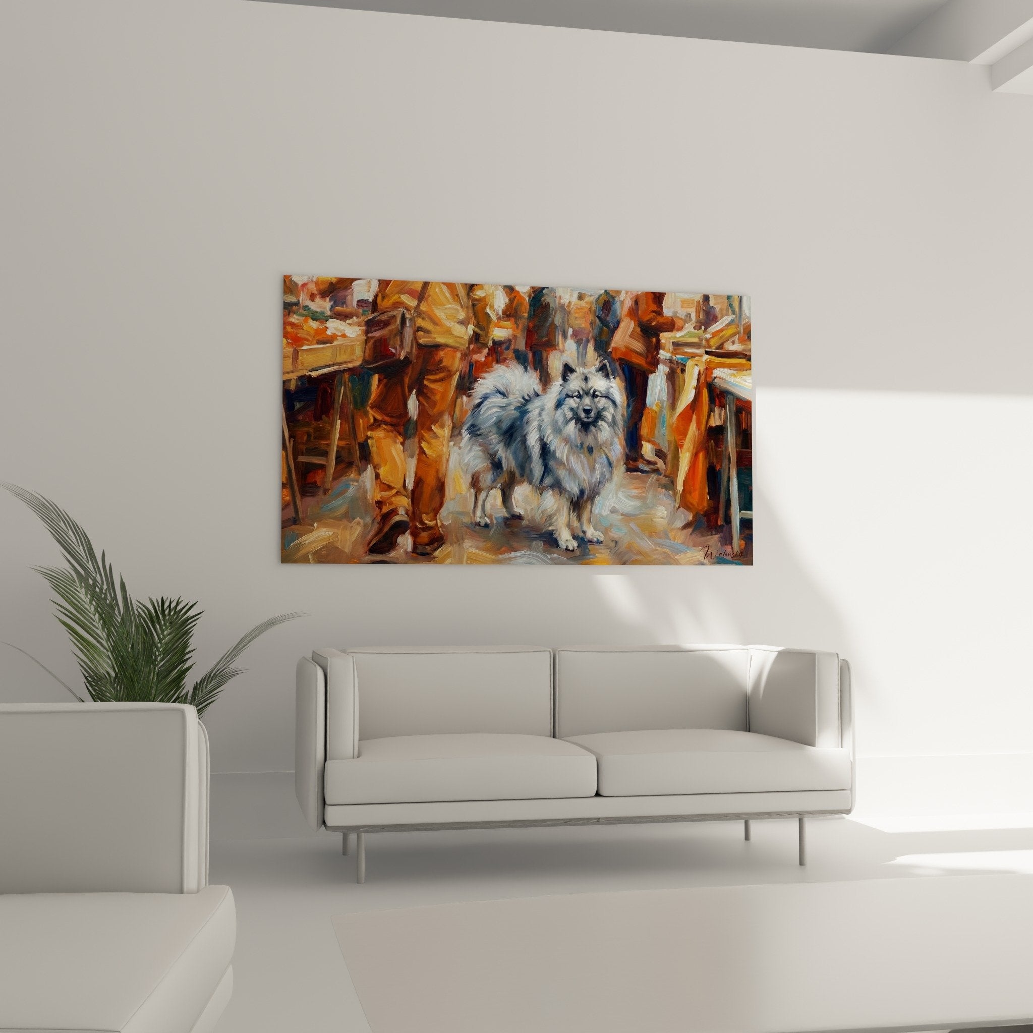 Detail peinture Keeshond pelage gris-bleu reflets argentes technique picturale expressive moderne