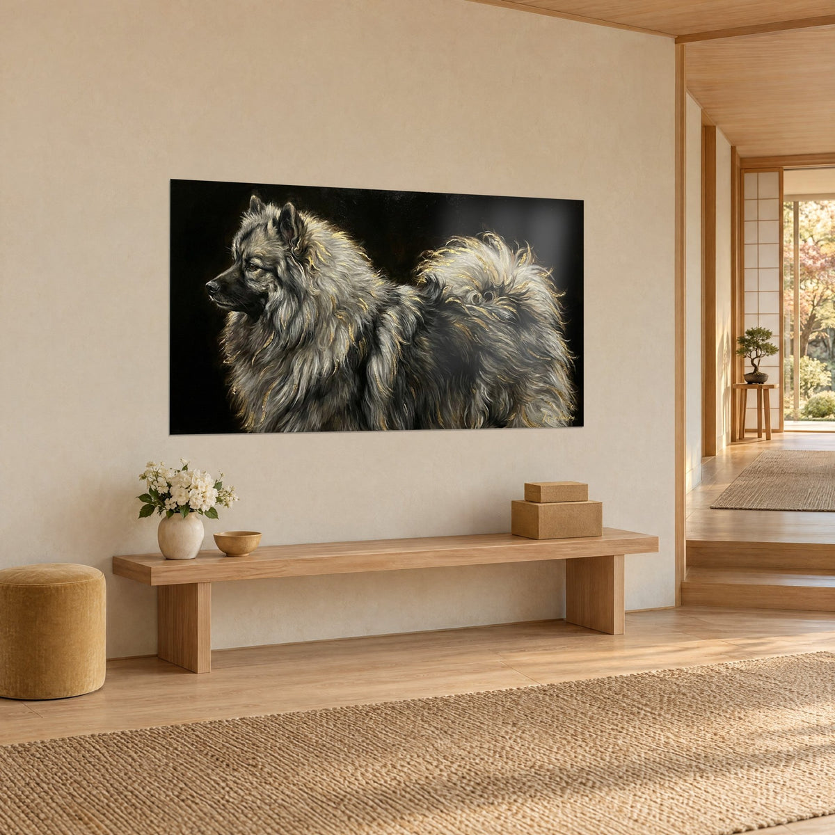 Wall art dog with silver and gold fur, left profile, plumed tail, on a beige wall with a light wood bench