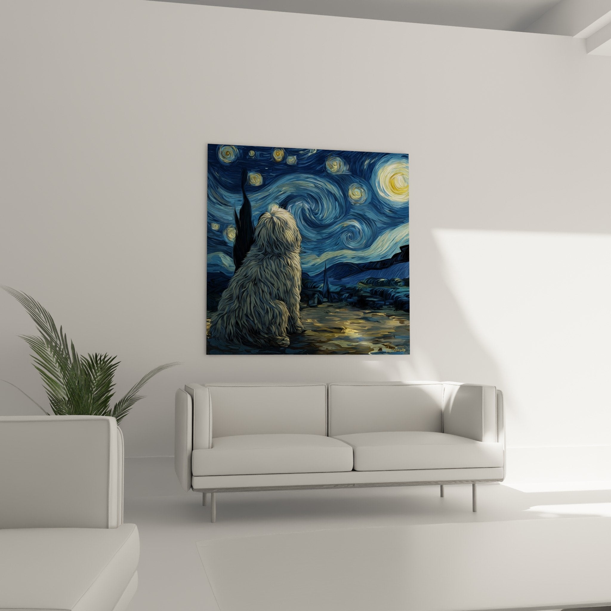 Detail chien berger hongrois pelage cordele reflets dores ciel spirales bleues etoiles