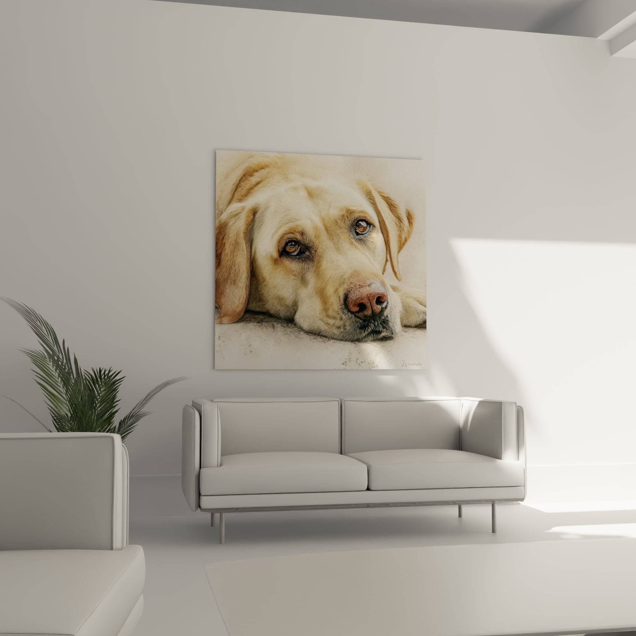 Labrador portrait detail with amber eyes, realistic golden coat texture, animal art