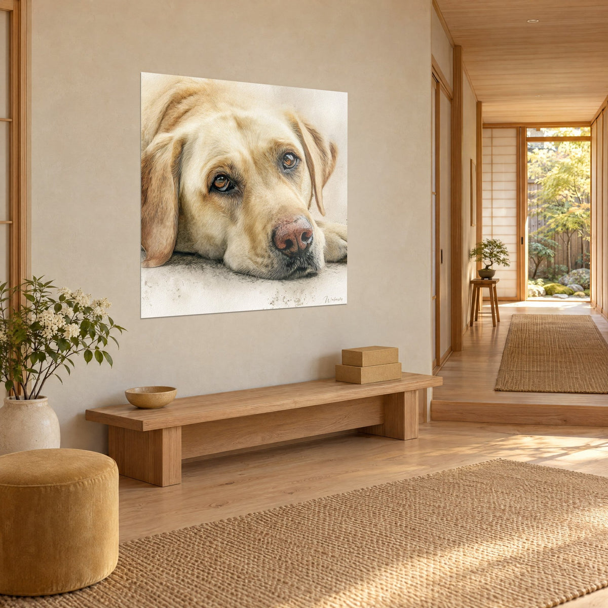 Wall art blonde dog with a drooping ear, hazel gaze and rosy-brown nose, hung on a beige wall near an entrance