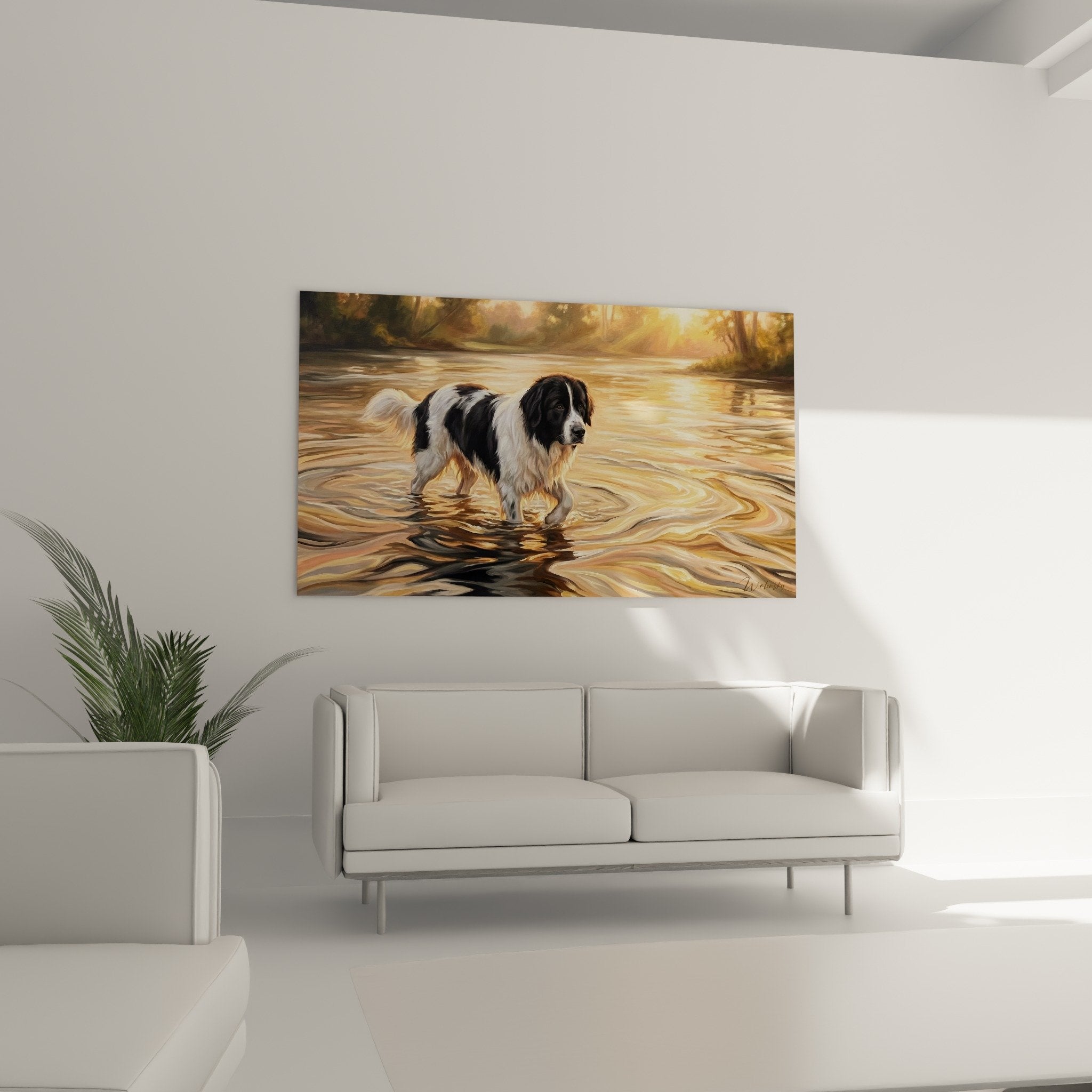 Landseer painting detail in golden water with black and white fur texture and luminous reflections