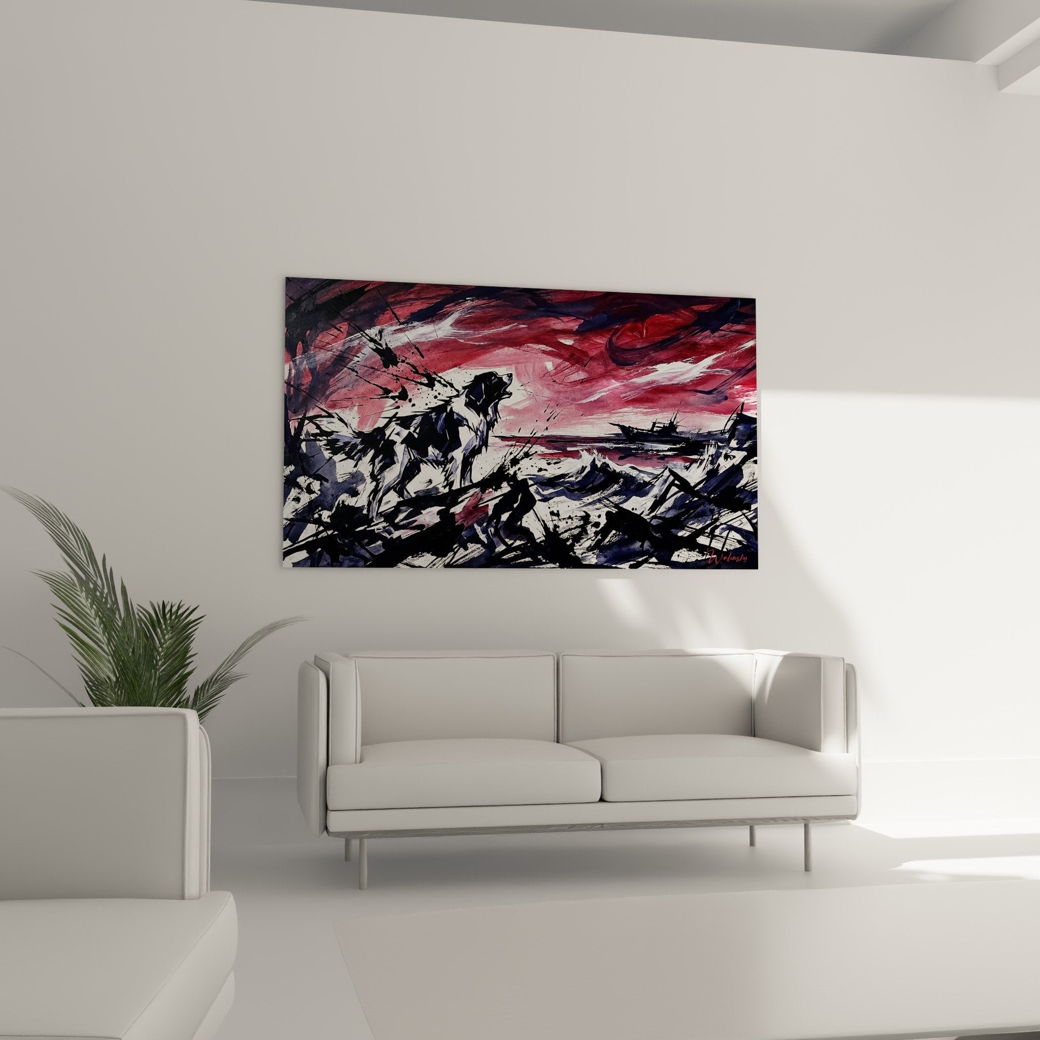 Detail tableau Landseer expressionniste texture peinture rouge bordeaux coups pinceau