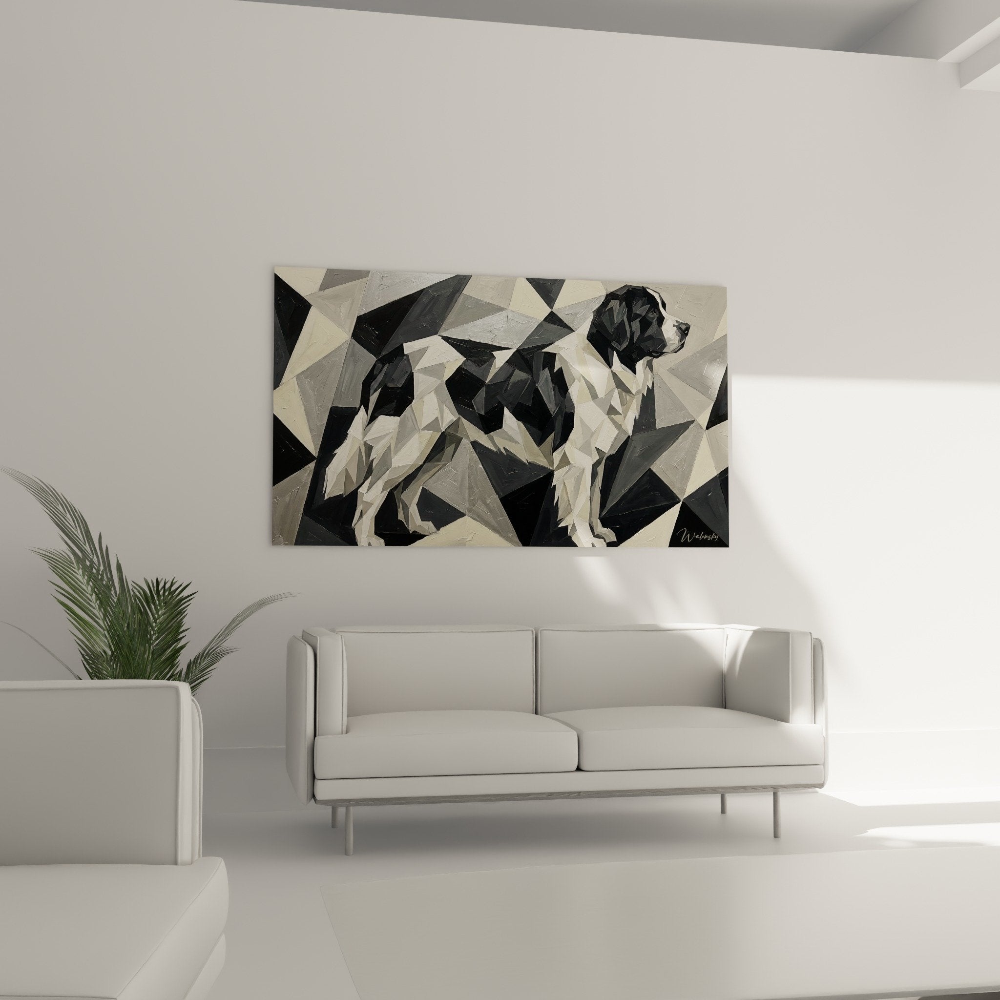 detailliertes Gemälde Landseer mit dreieckigen facettierten geometrischen Formen polygonaler zeitgenössischer Stil