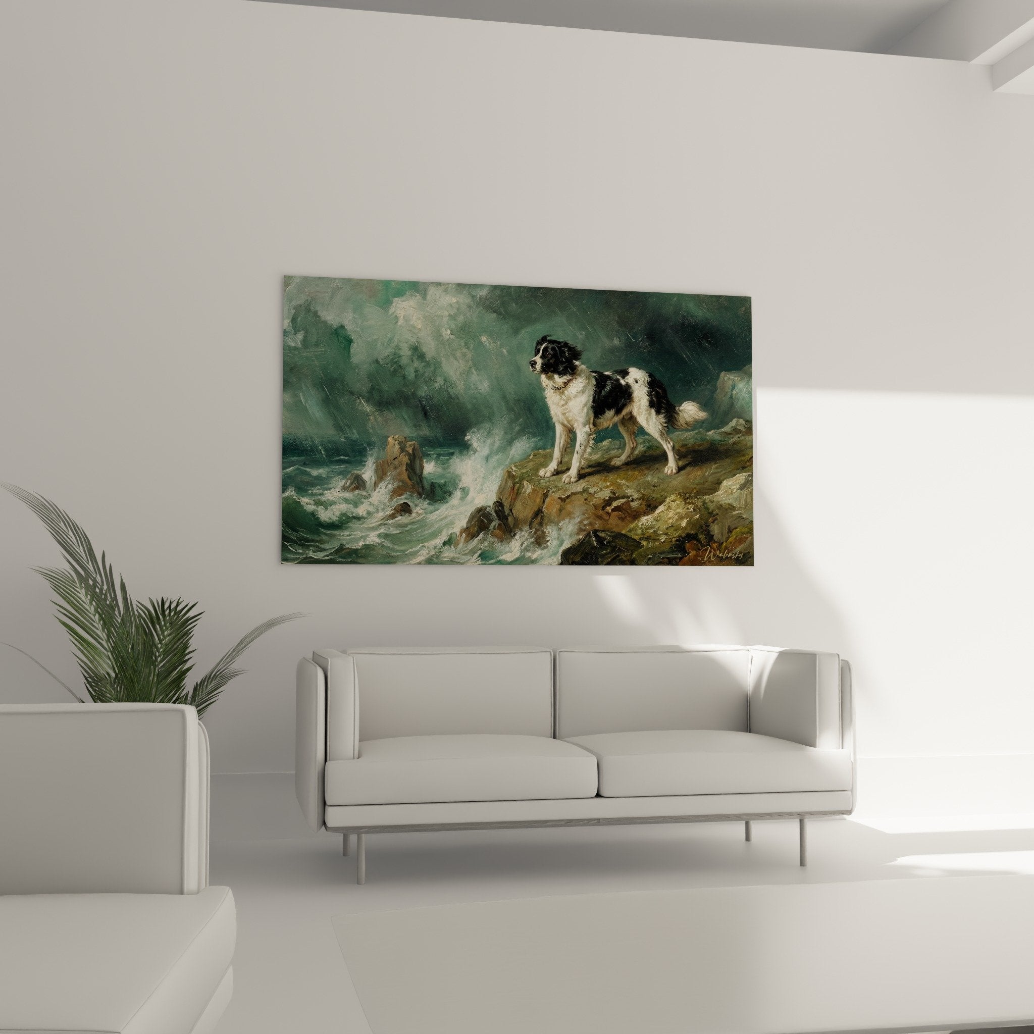 Landseer painting detail black white coat brown rocks - Premium quality animal art