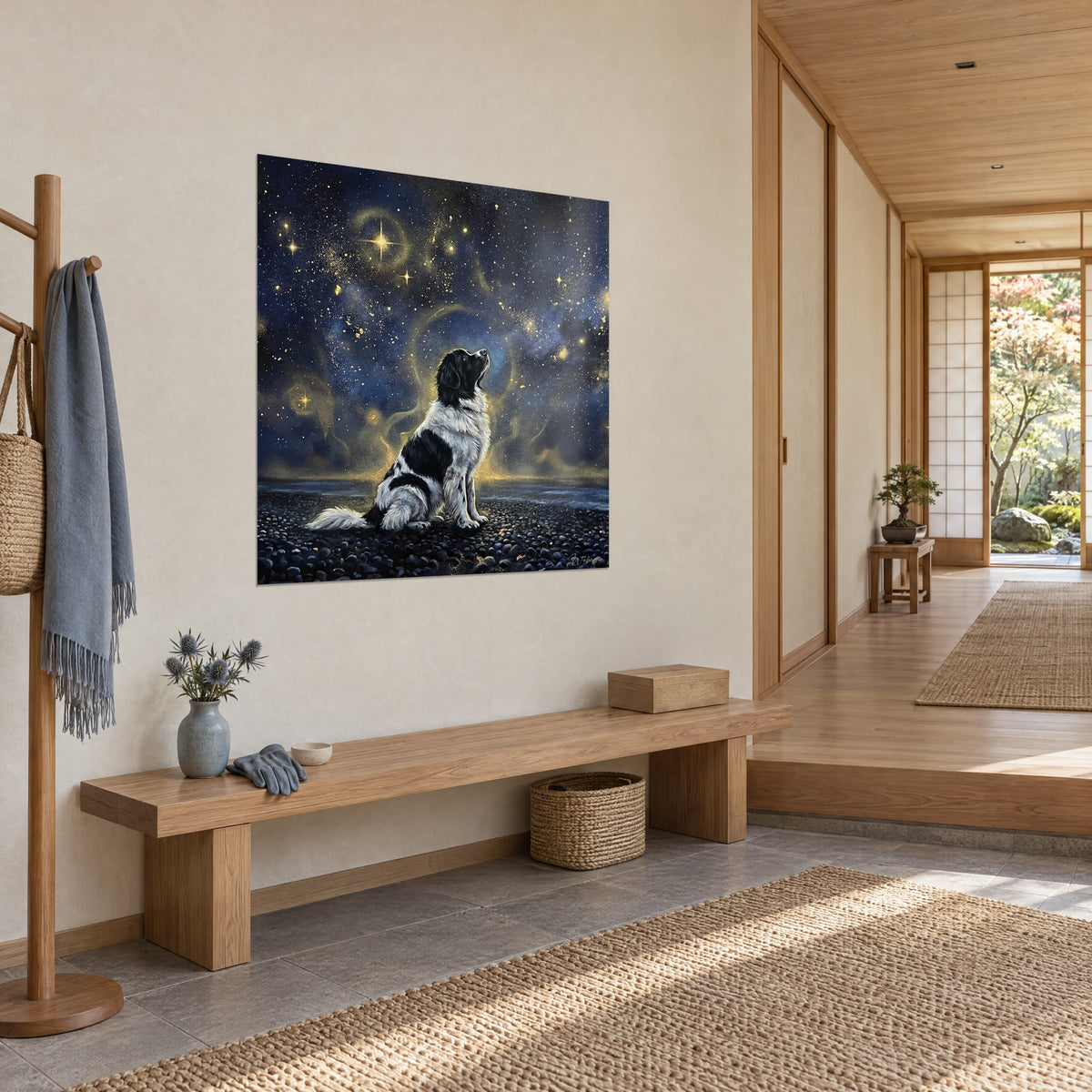 Cuadro Terranova manchado levantando el hocico hacia estrellas doradas, cielo índigo, vista de tres cuartos en un pasillo japandi de madera clara