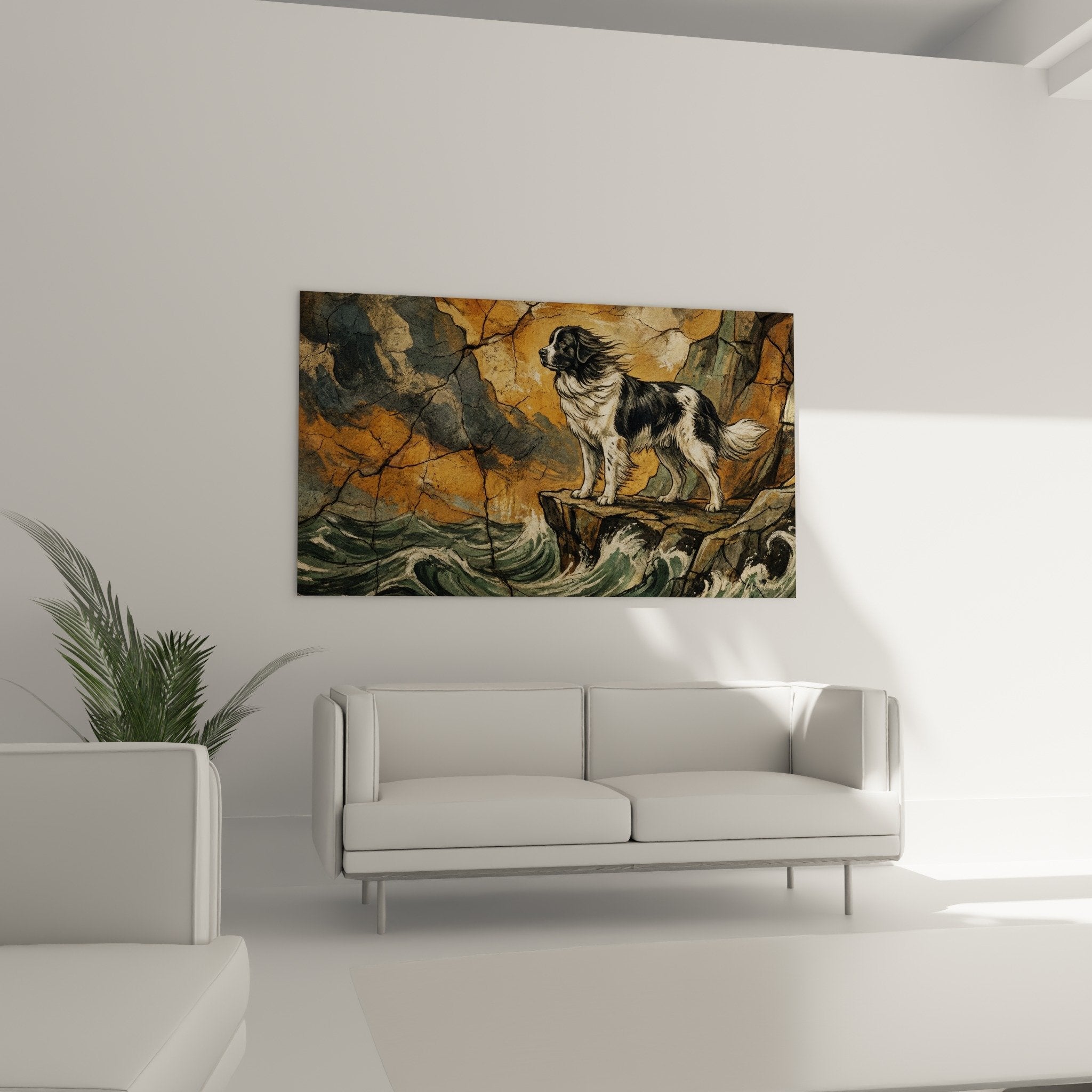 Detail painting Landseer black white fur rocks ochre texture cracked stones animal art