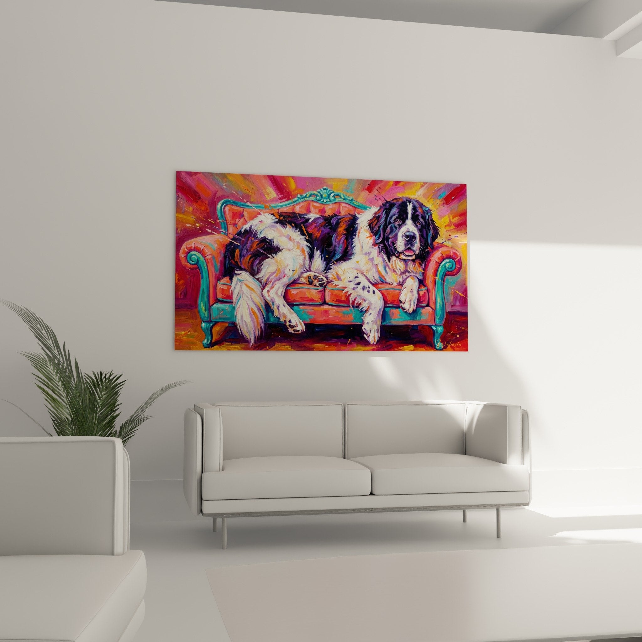 Detailansicht Landseer Gemälde mit ausdrucksstarken Pinselstrichen in leuchtenden Rosa- und Orangetönen, zeitgenössische impressionistische Technik