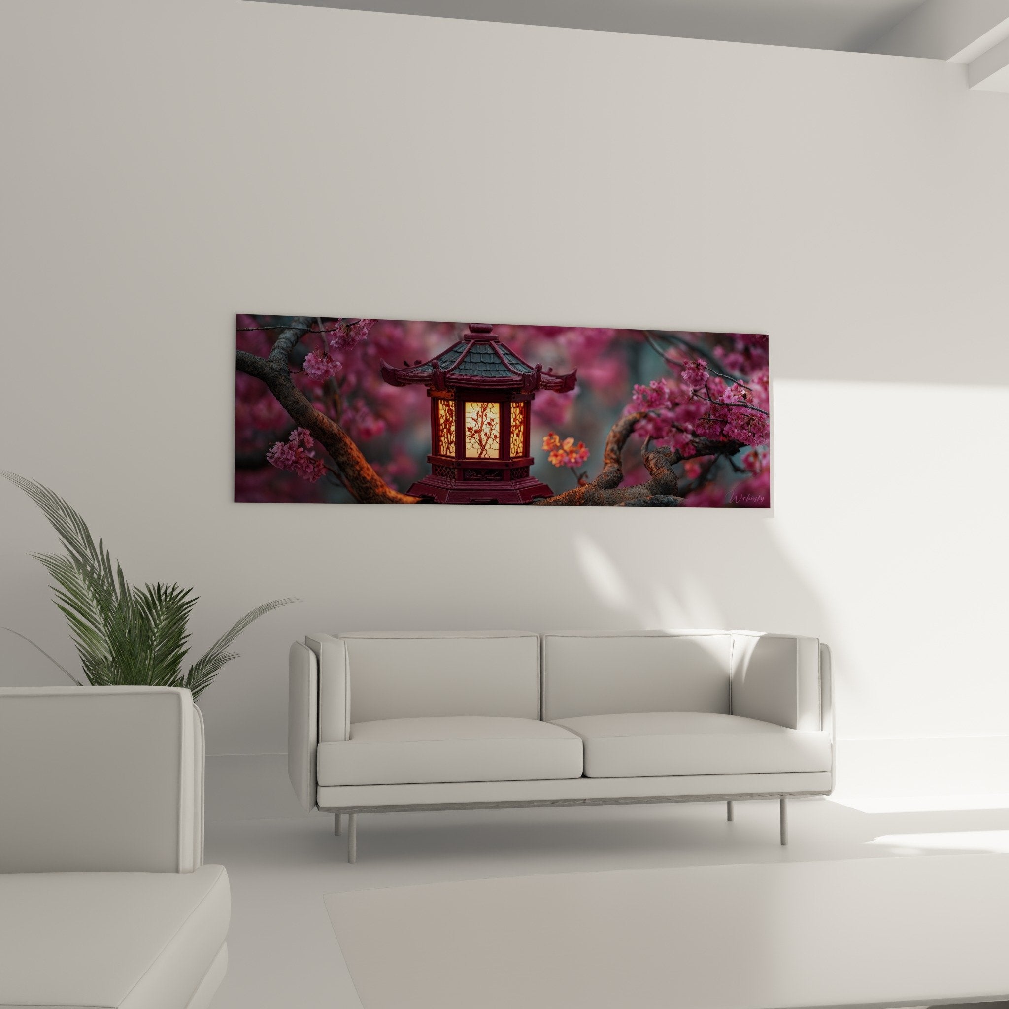 Détail lanterne hexagonale bois sculptée motifs arbre lumière dorée cerisiers