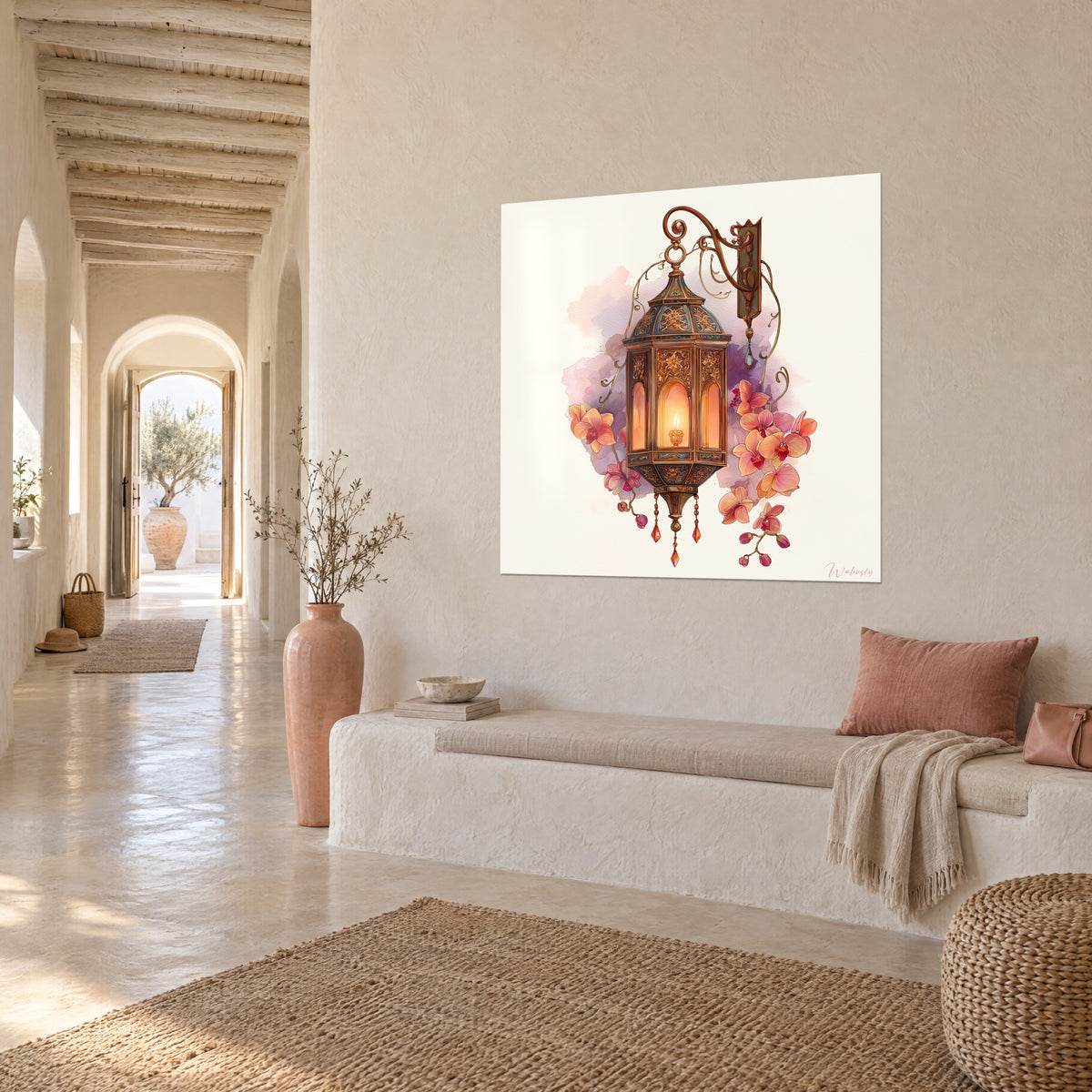 Wall art Moroccan lamp hanging from its wrought iron arm, amber glass panes and coral orchid cluster, white wall of a Provençal house