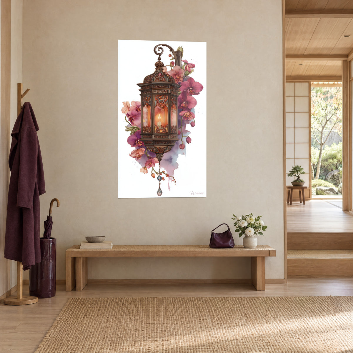 Wall art carved lamp with orange flame, magenta orchid sprays and violet halo on white background, japandi entrance in light wood