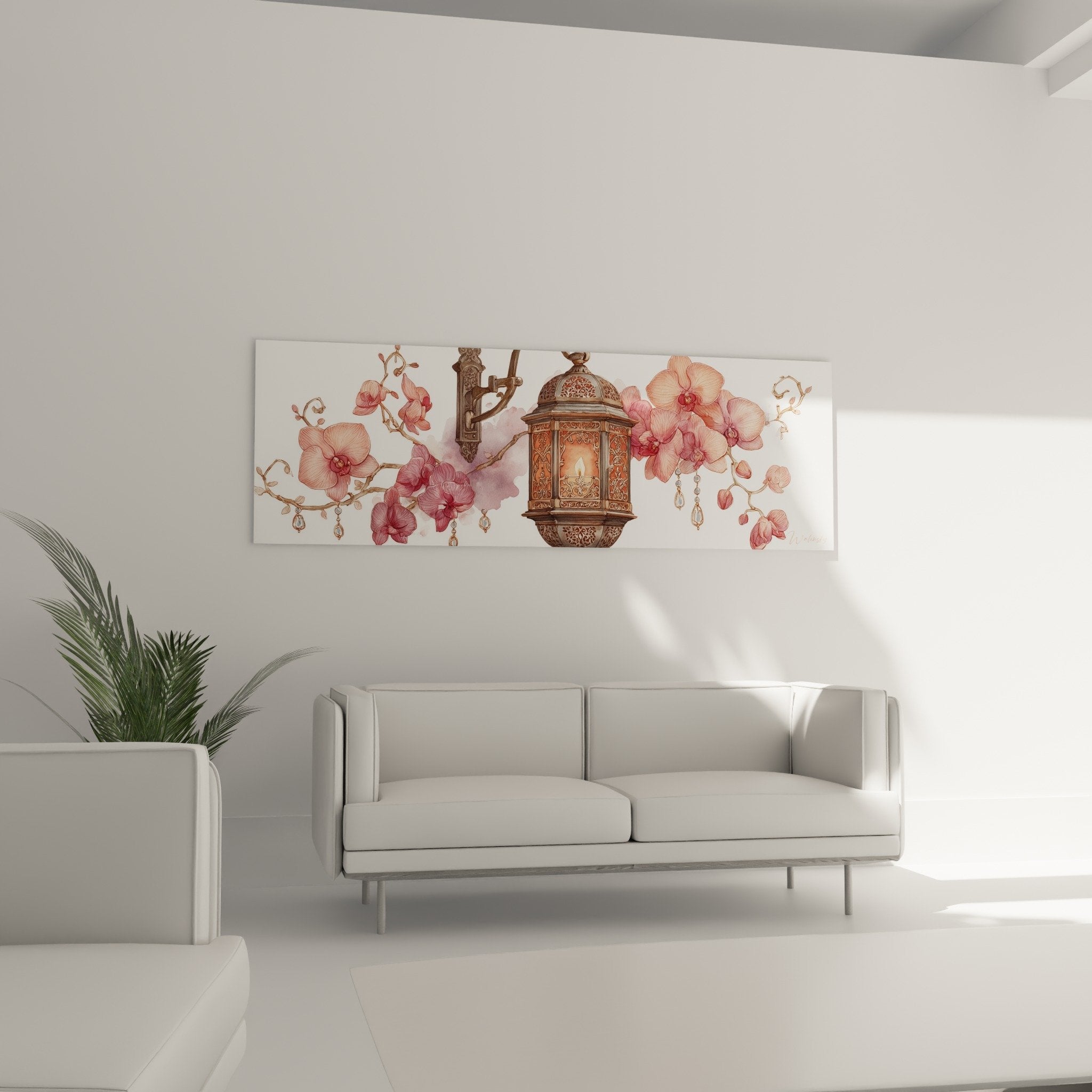 Détail rapproché de la lanterne bronze ciselée et des orchidées roses avec cristaux transparents